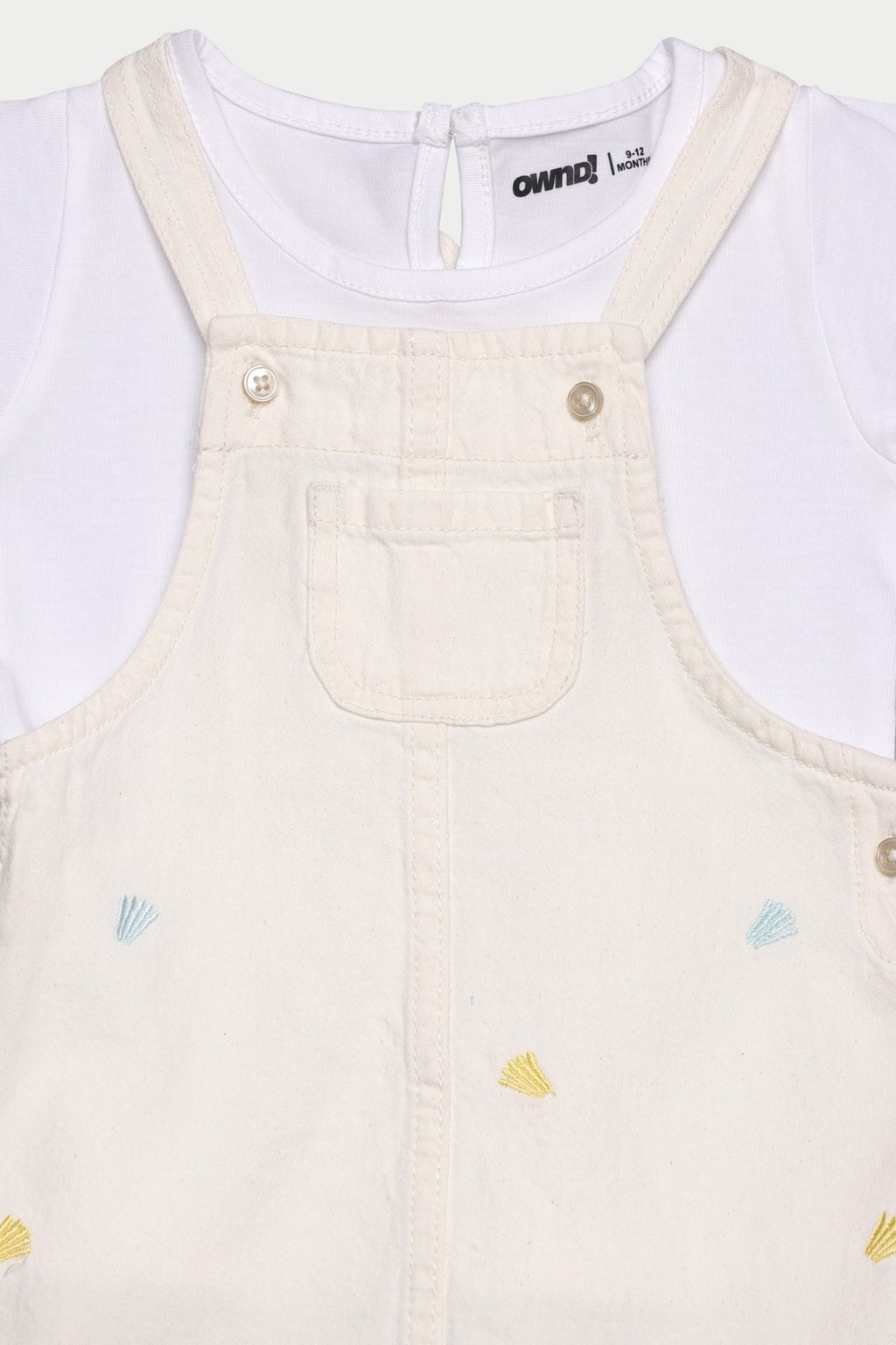White Embroidered Regular Fit Dungaree with T-Shirt for Infant Girls - Image 4
