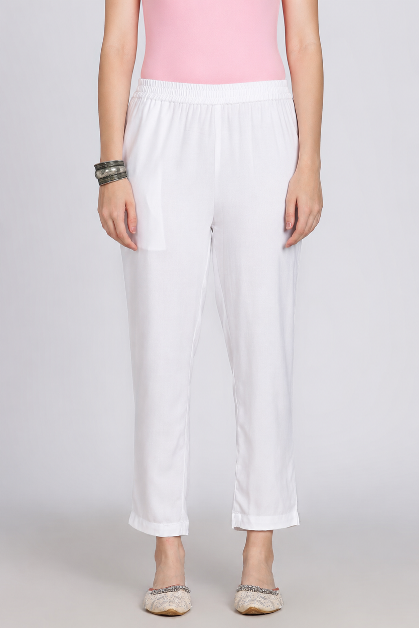 White Solid Rayon Pant for Women - Image 1