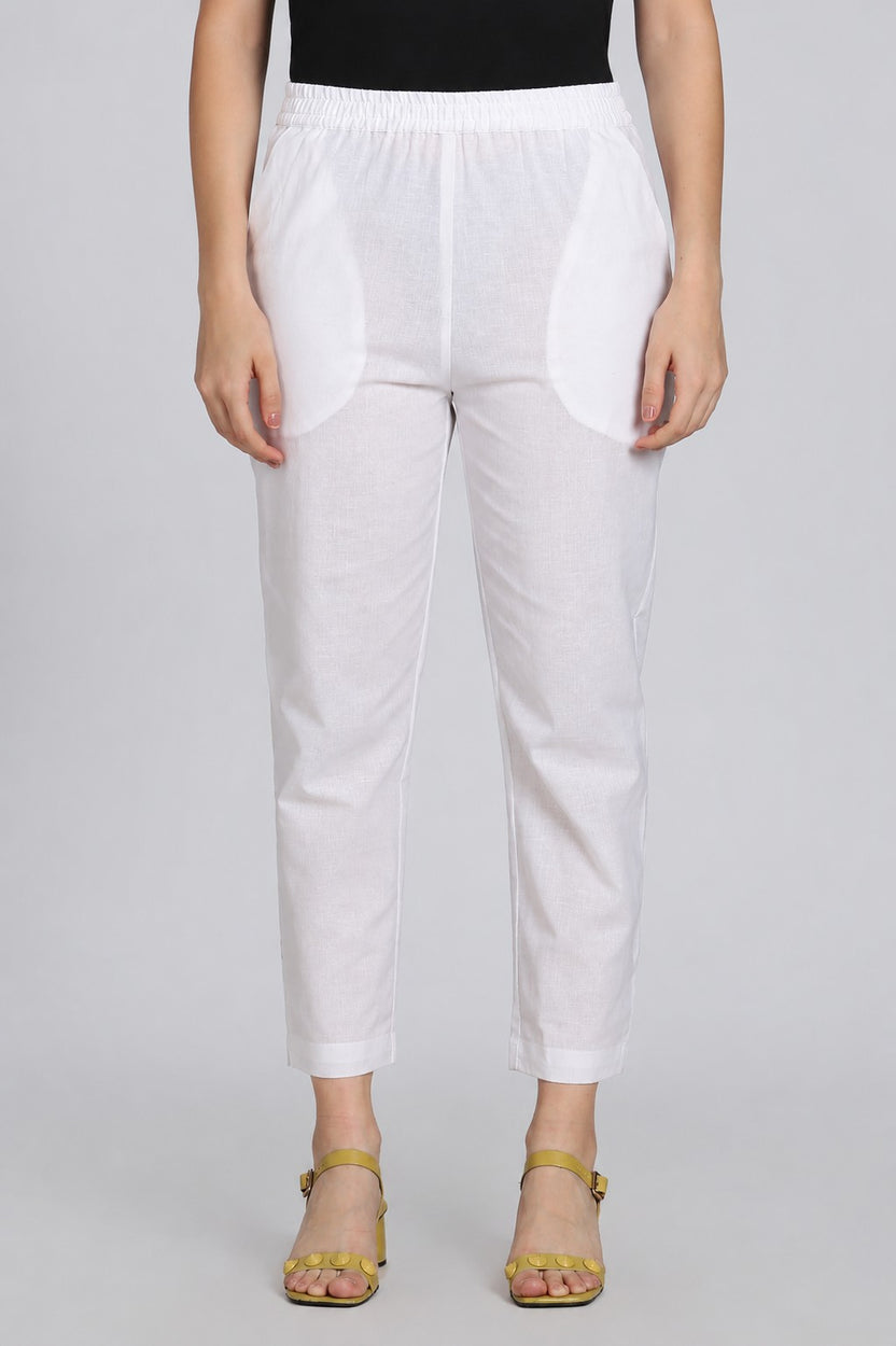 White Cotton Blend Solid Pant for Women - Image 2