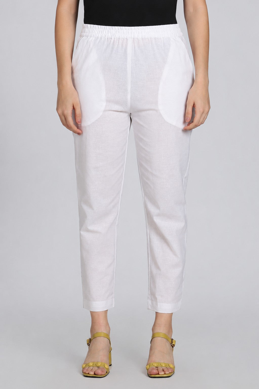 White Cotton Blend Solid Pant for Women - Image 2