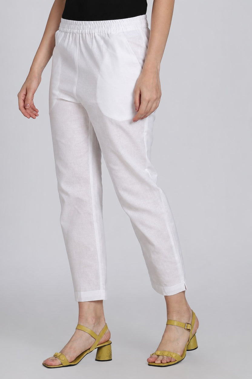 White Cotton Blend Solid Pant for Women - Image 6