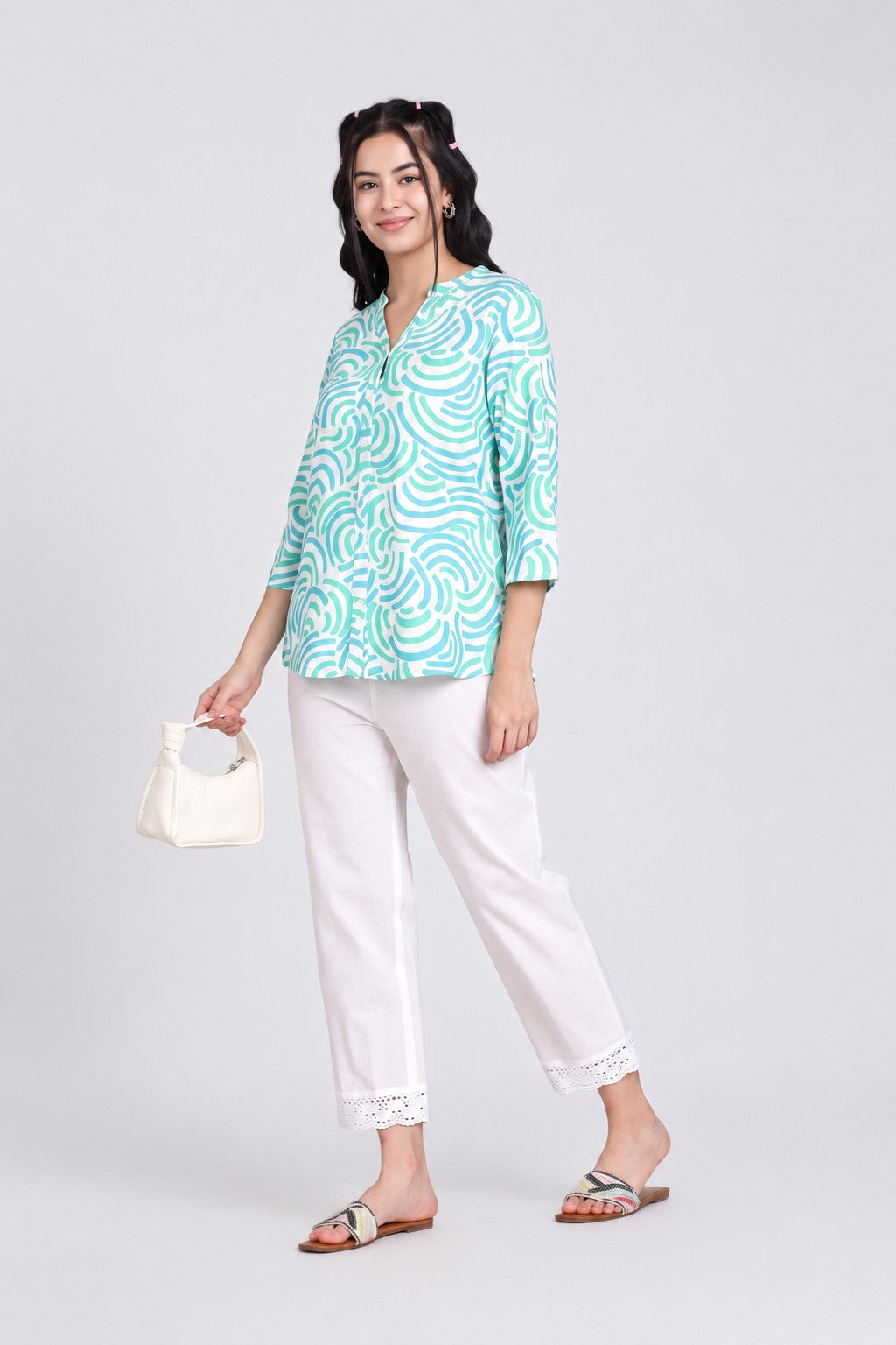 White Solid Lace Design Pant for Women - Image 1