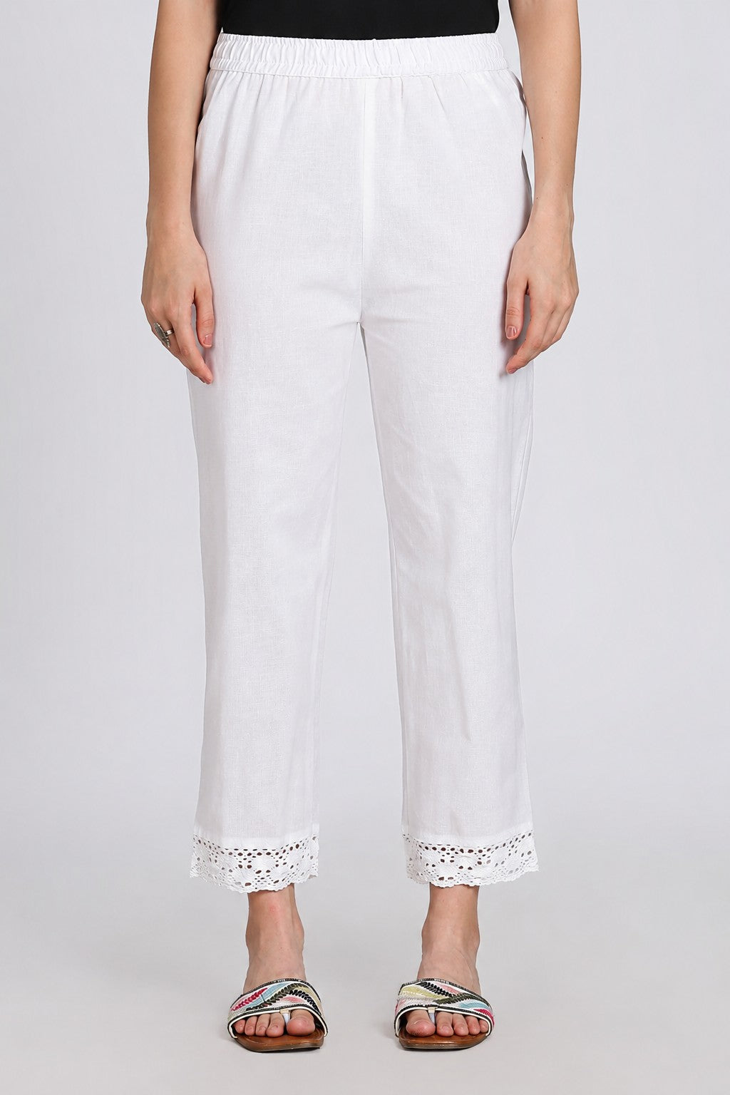 White Solid Lace Design Pant for Women - Image 2