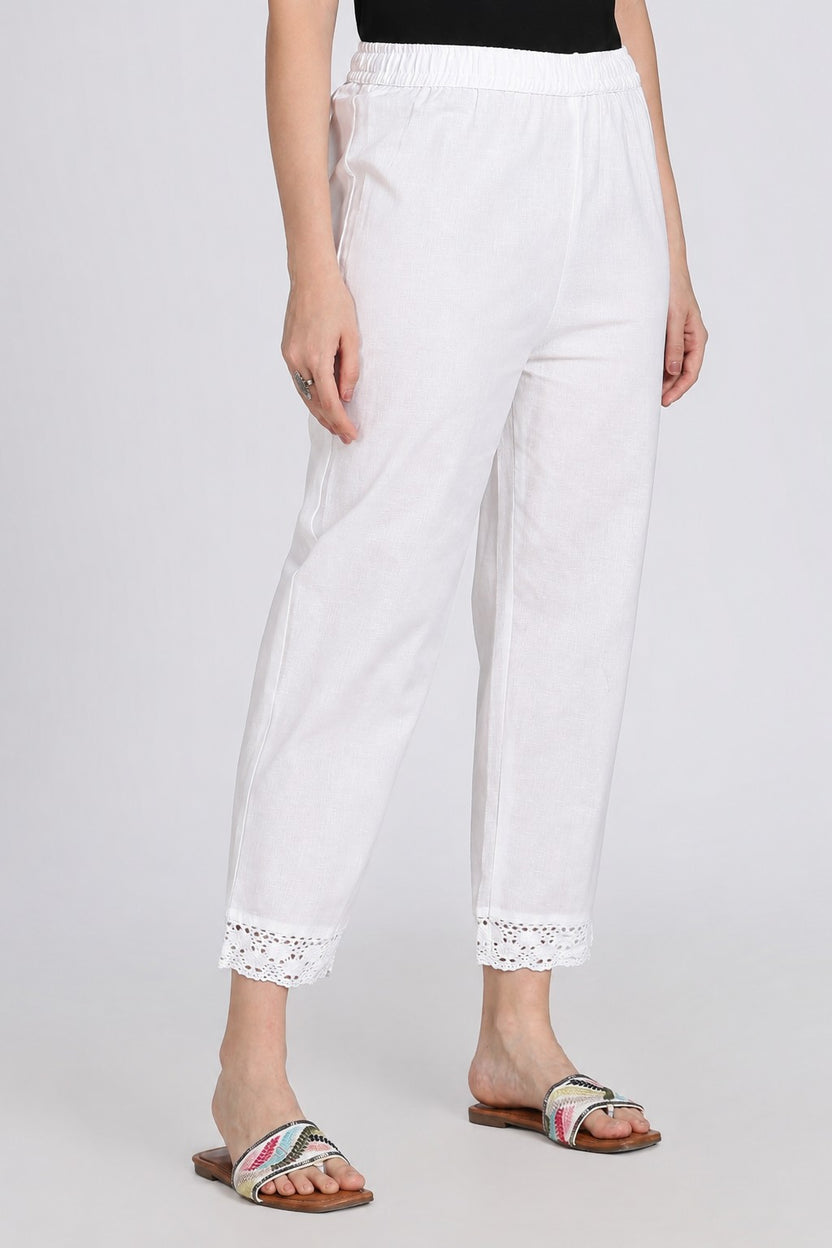 White Solid Lace Design Pant for Women - Image 4