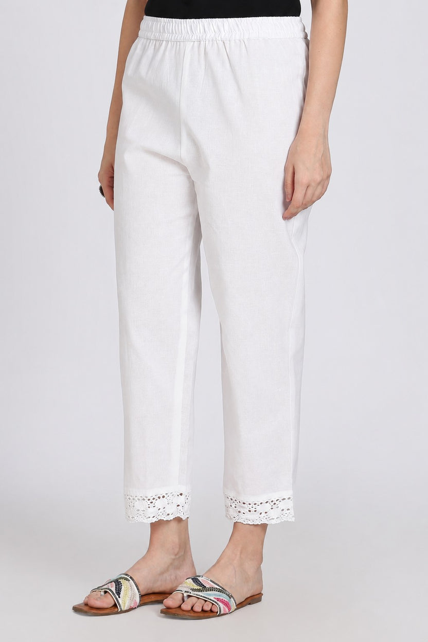 White Solid Lace Design Pant for Women - Image 6