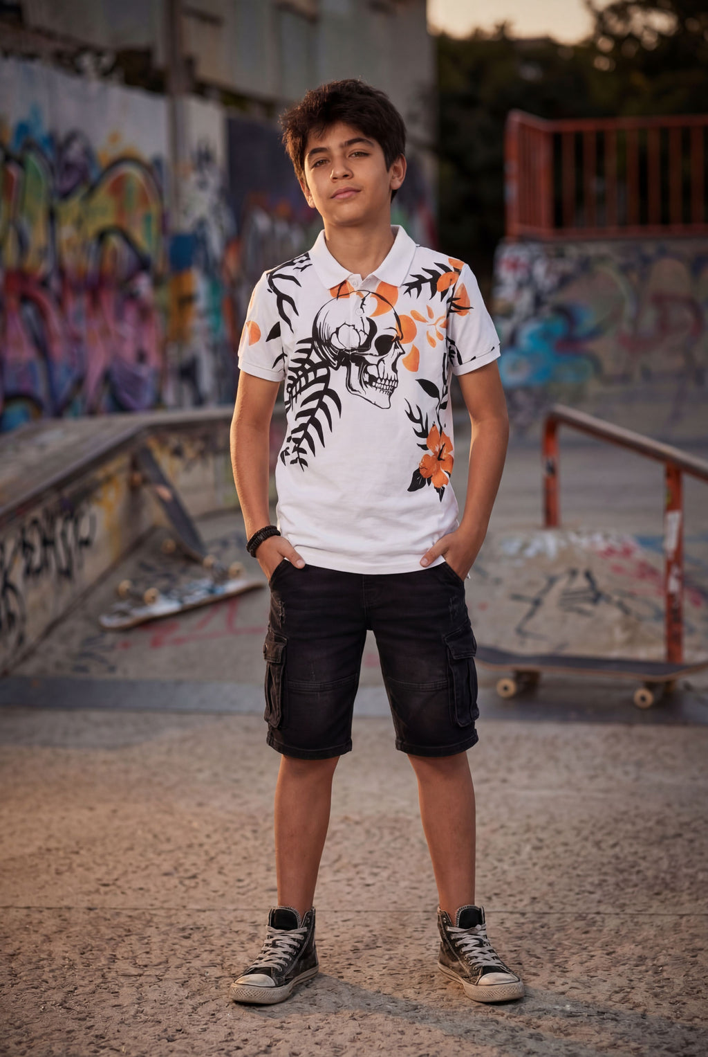 White Graphic Printed Regular Fit Polo T-Shirt for Tweens Boys - Image 1