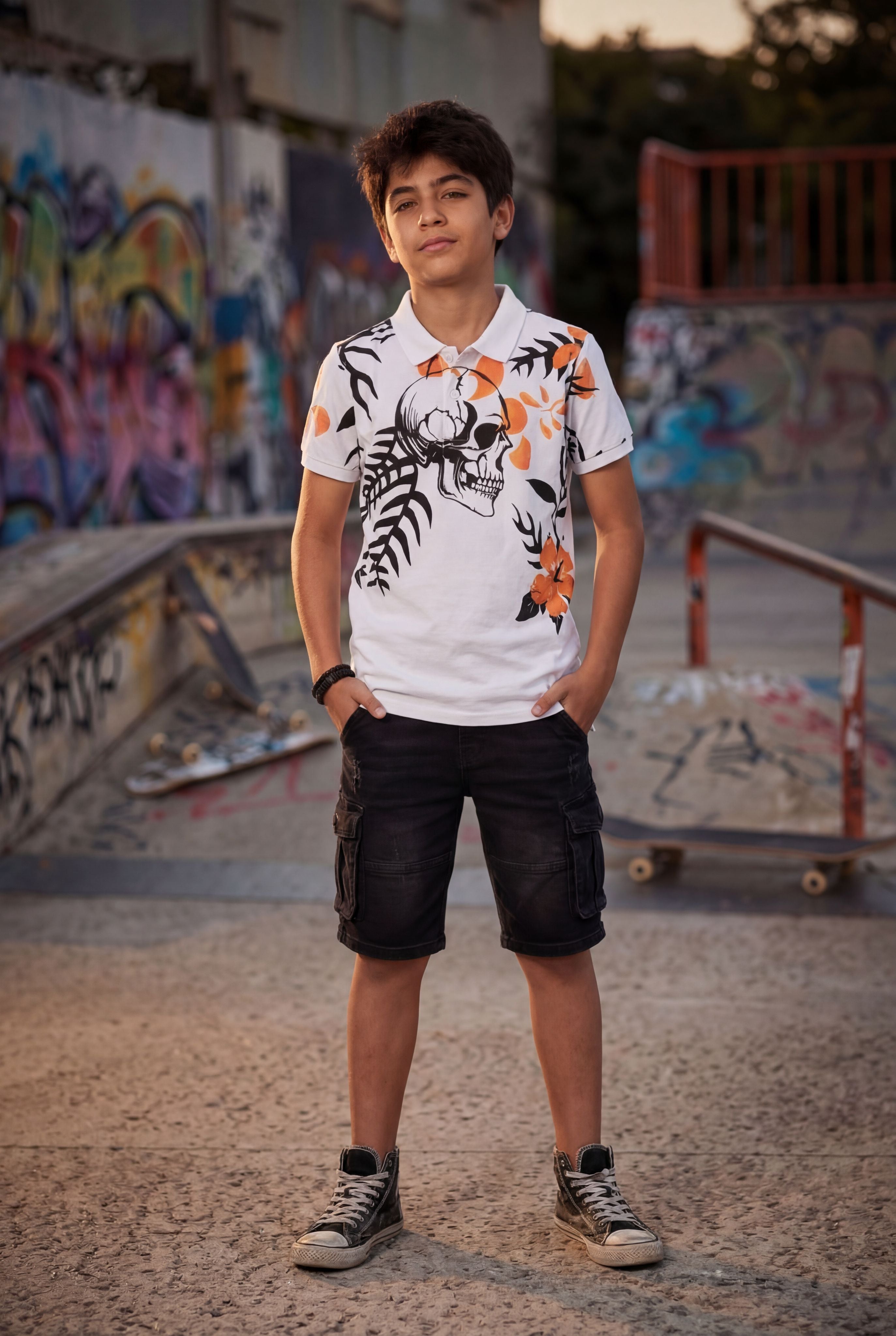White Graphic Printed Regular Fit Polo T-Shirt for Tweens Boys - Image 1