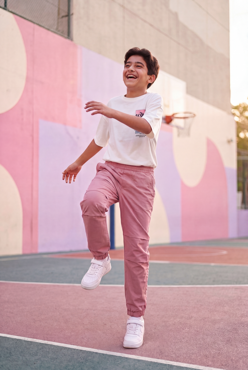 Pink Solid Regular Fit Joggers for Tweens Boys - Image 1