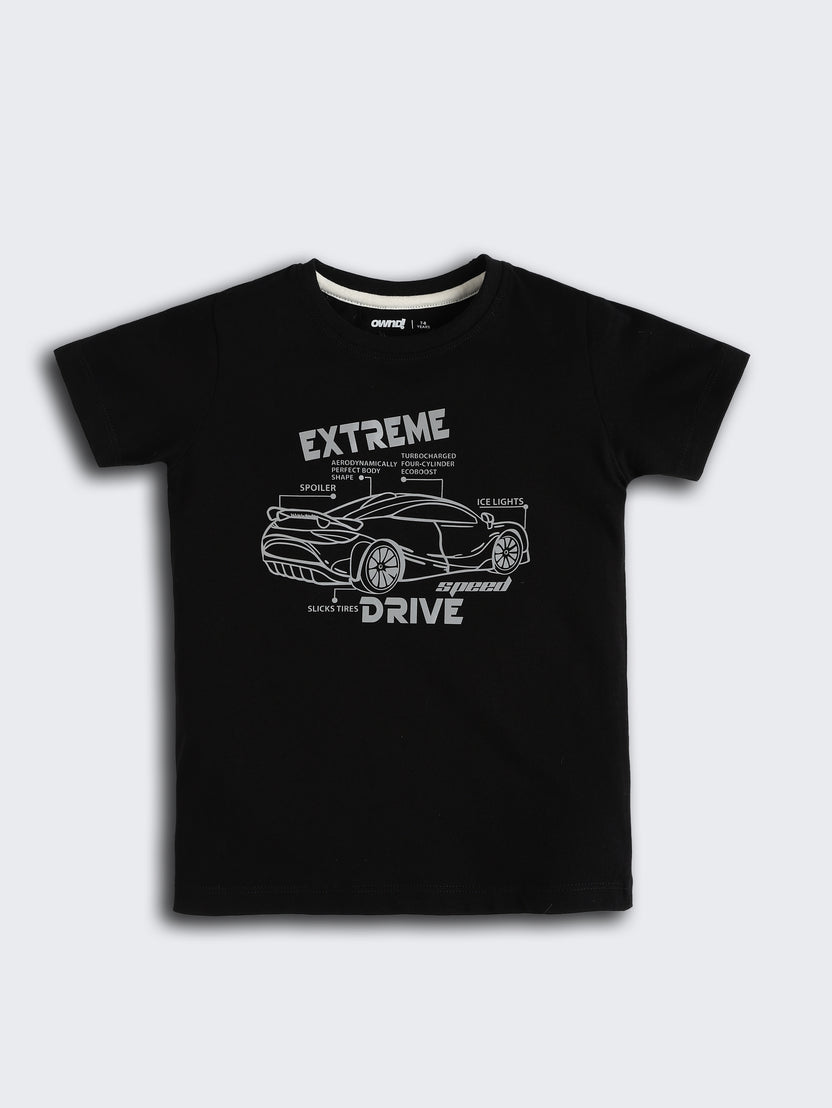 Black Car Graphic Printed Regular Fit T-Shirt For Boys - Image 2