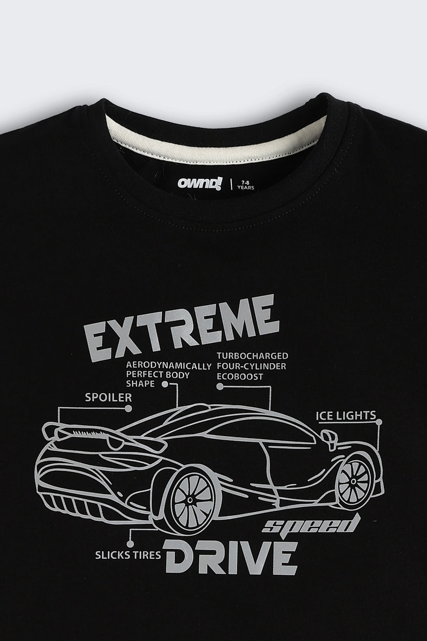 Black Car Graphic Printed Regular Fit T-Shirt For Boys - Image 4
