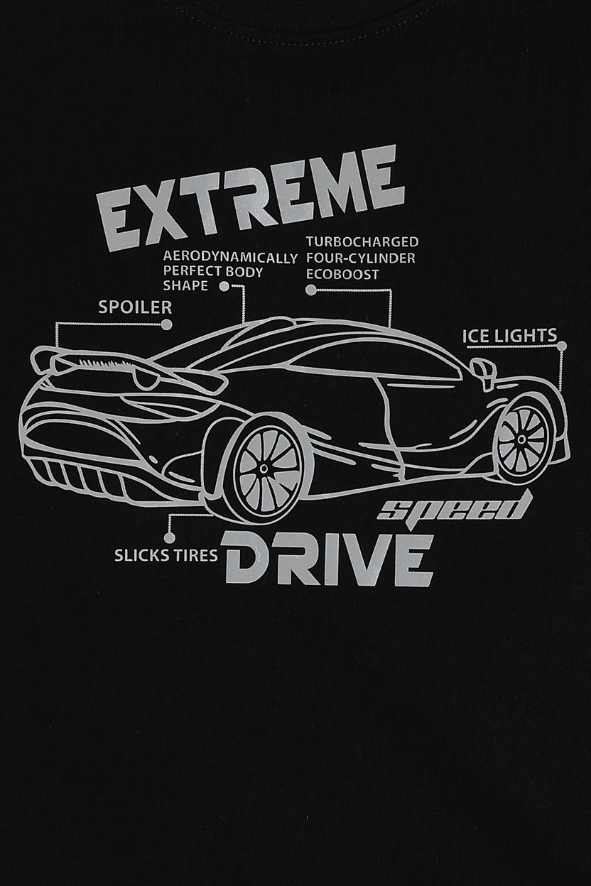 Black Car Graphic Printed Regular Fit T-Shirt For Boys - Image 6