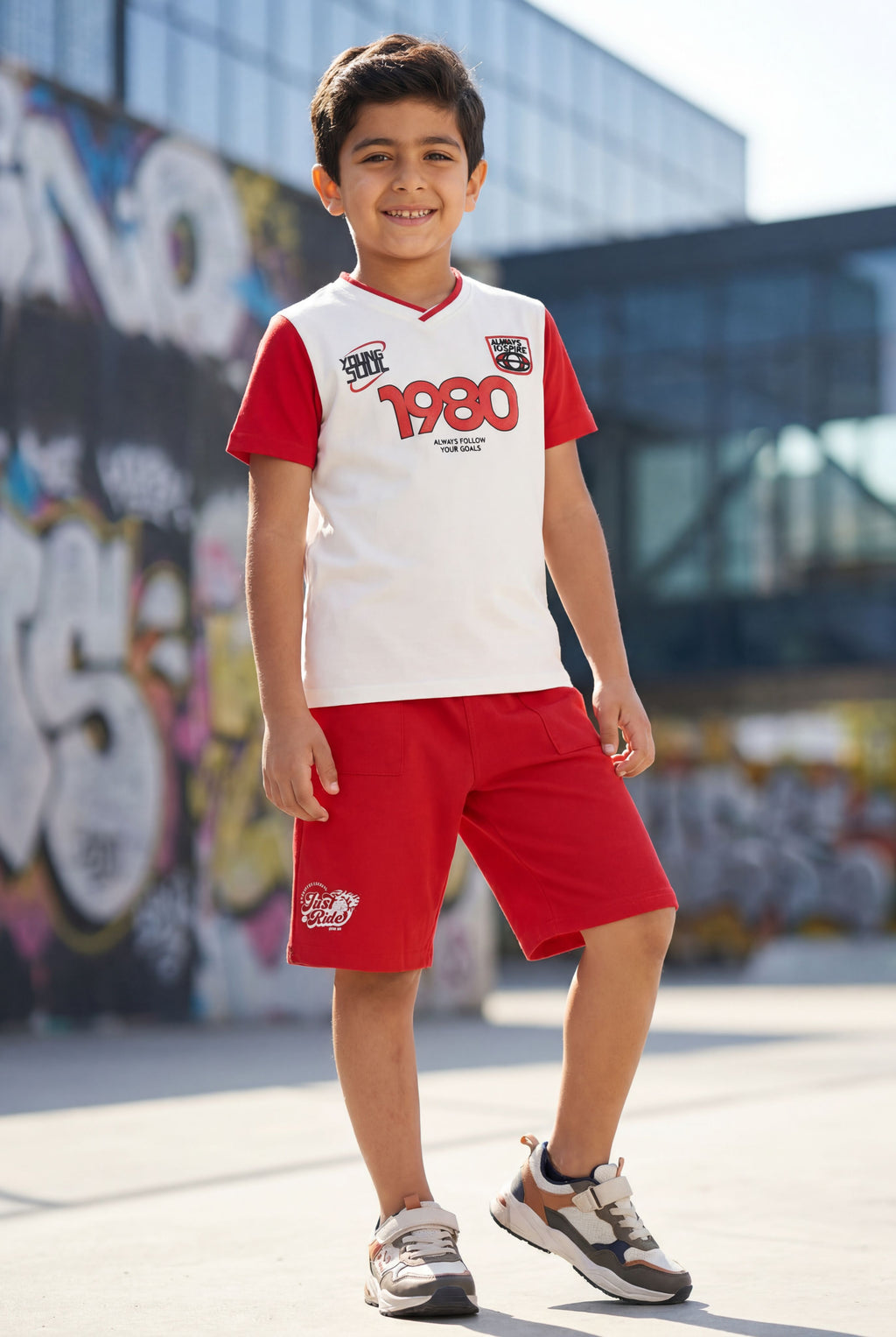 Red Typographic Printed Regular Fit Co-ord Set for Boys - Image 1