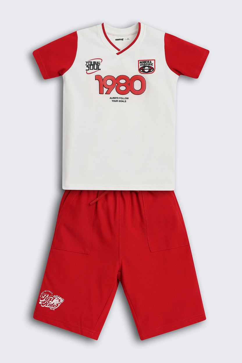 Red Typographic Printed Regular Fit Co-ord Set For Boys - Image 2