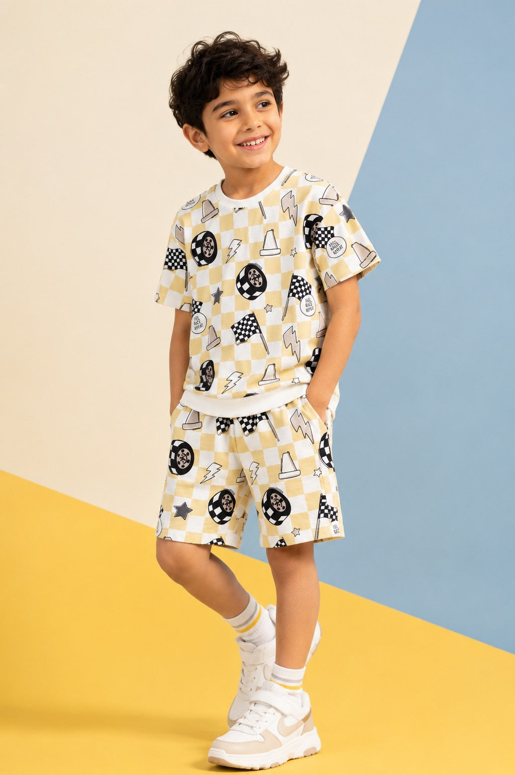 Beige Race Print T-Shirt & Shorts Set For Boys - Image 1