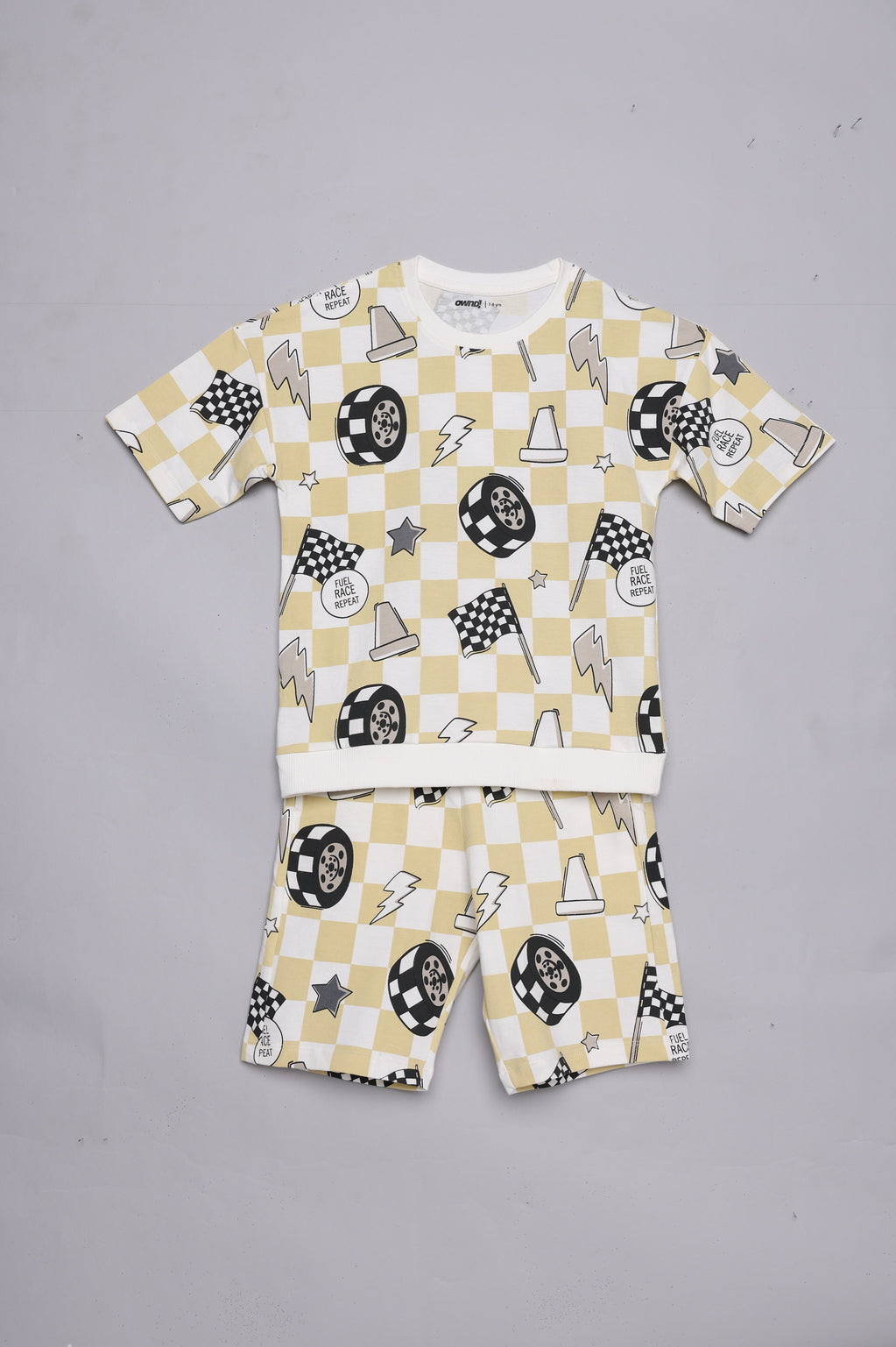 Beige Race Print T-Shirt & Shorts Set For Boys - Image 2