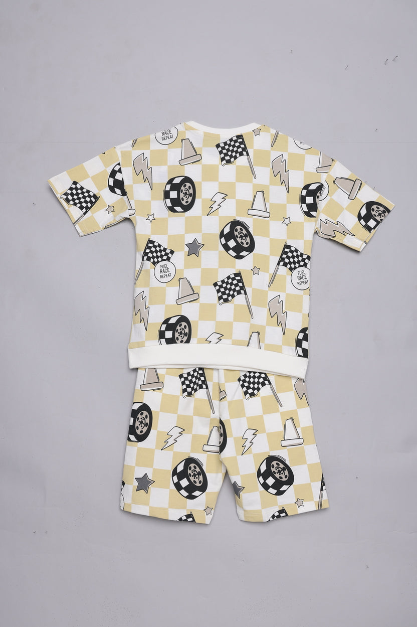 Beige Race Print T-Shirt & Shorts Set For Boys - Image 3