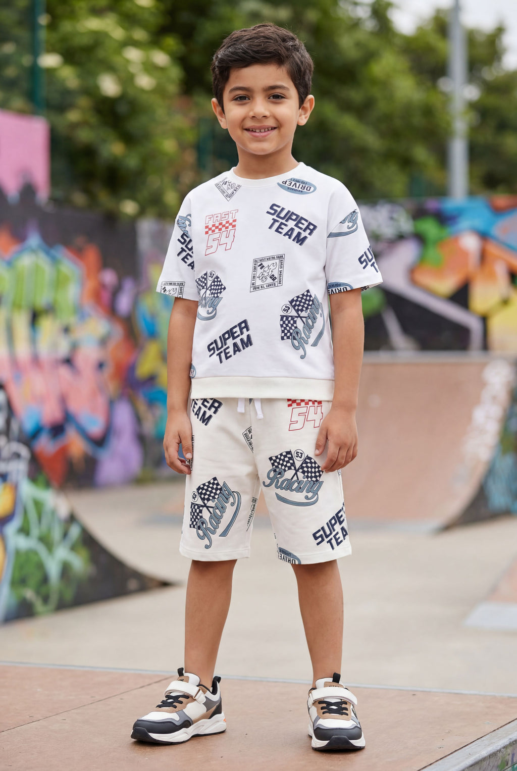 Off White Typographic Printed Regular Fit Co-ord Set For Boys - Image 1