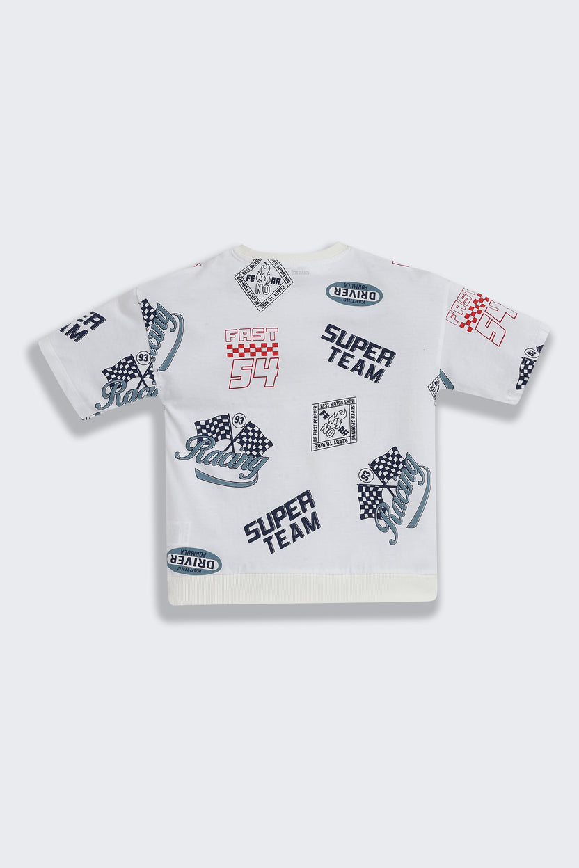Off White Typographic Printed Regular Fit Co-ord Set For Boys - Image 4