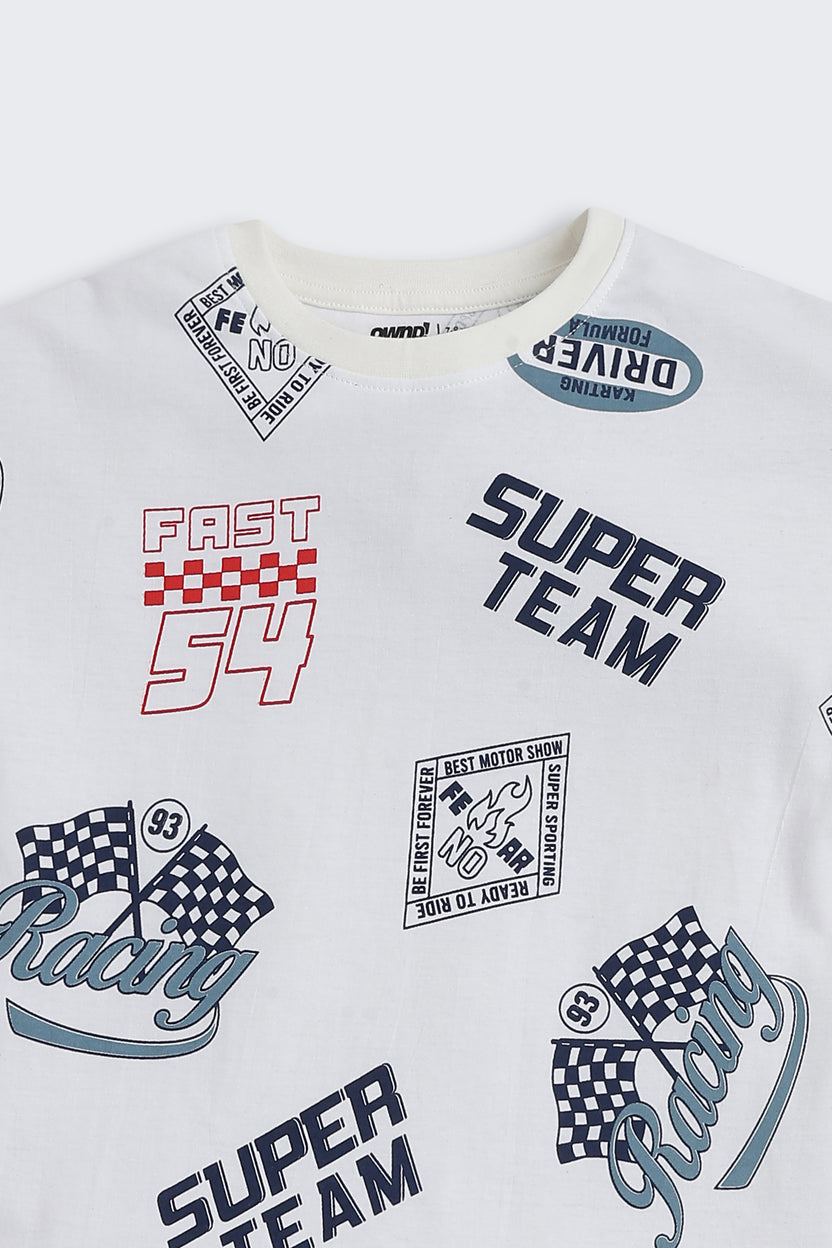 Off White Typographic Printed Regular Fit Co-ord Set For Boys - Image 6