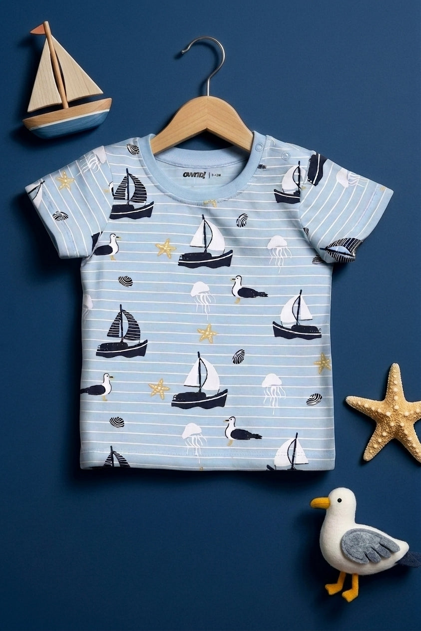 Light Blue Boat All - Over Printed Regular Fit T-Shirt for Infant Boys - Image 1