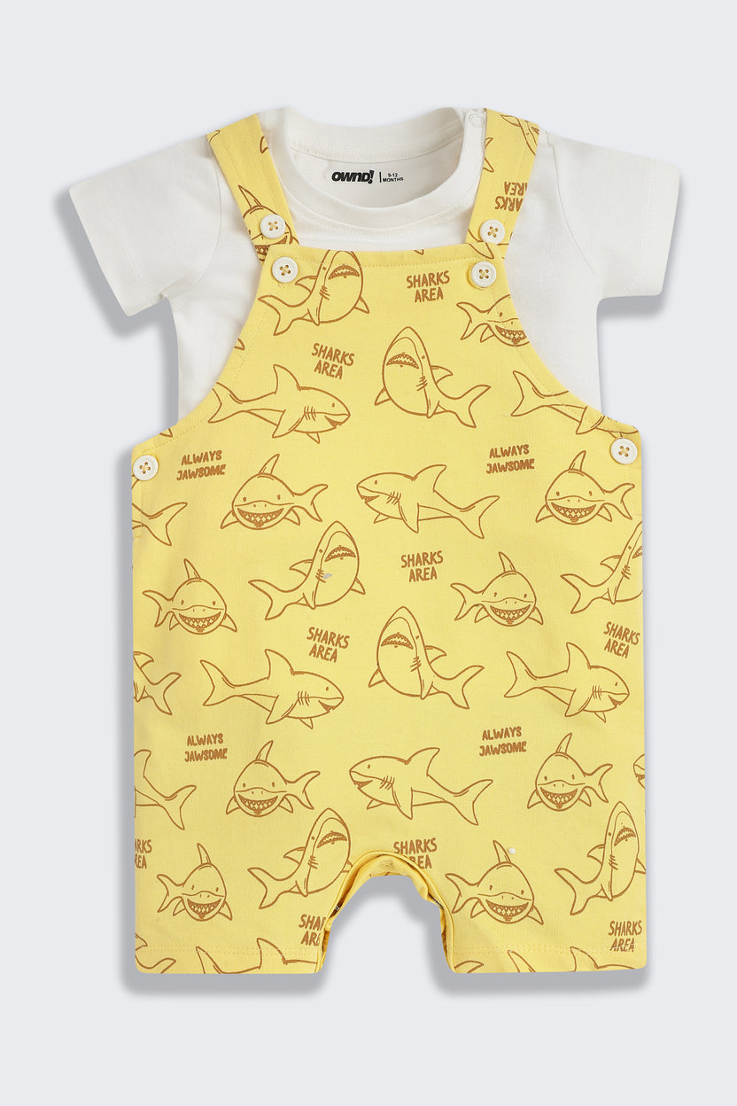 Yellow Conversational Regular Fit Dungarees For Infant Boys - Image 2