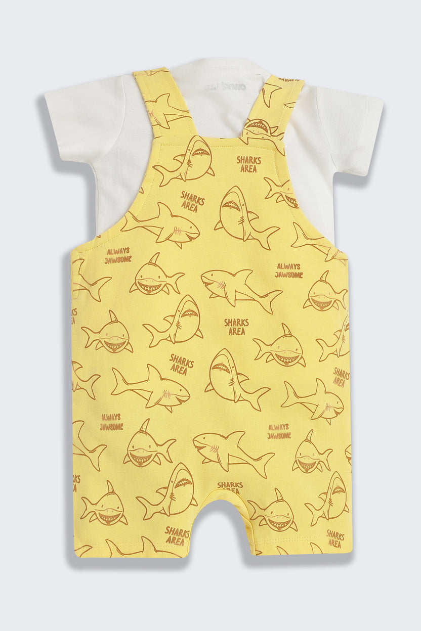 Yellow Conversational Regular Fit Dungarees For Infant Boys - Image 3