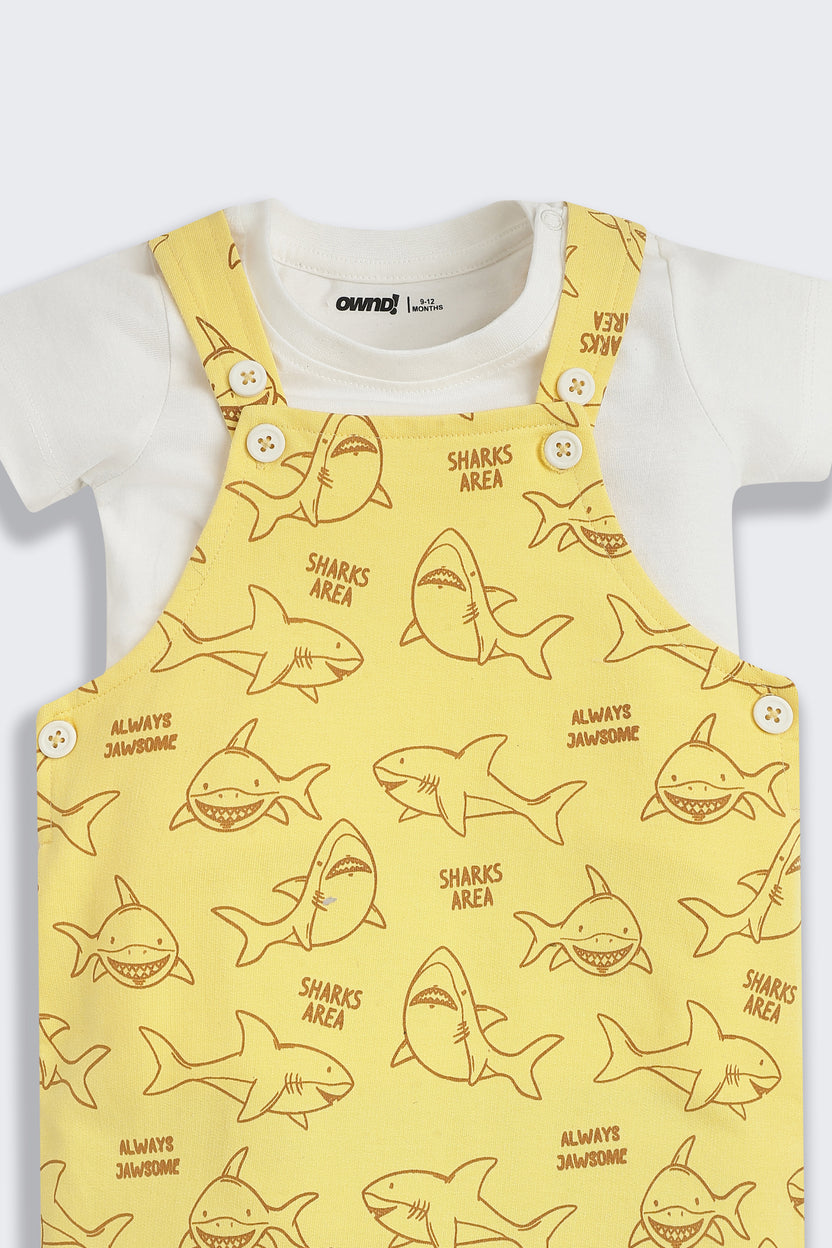 Yellow Conversational Regular Fit Dungarees For Infant Boys - Image 6