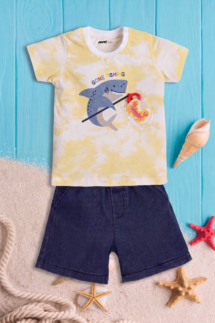 Yellow Fish Graphic Printed Regular Fit Co-ord Set for Infant Boys - Image 1