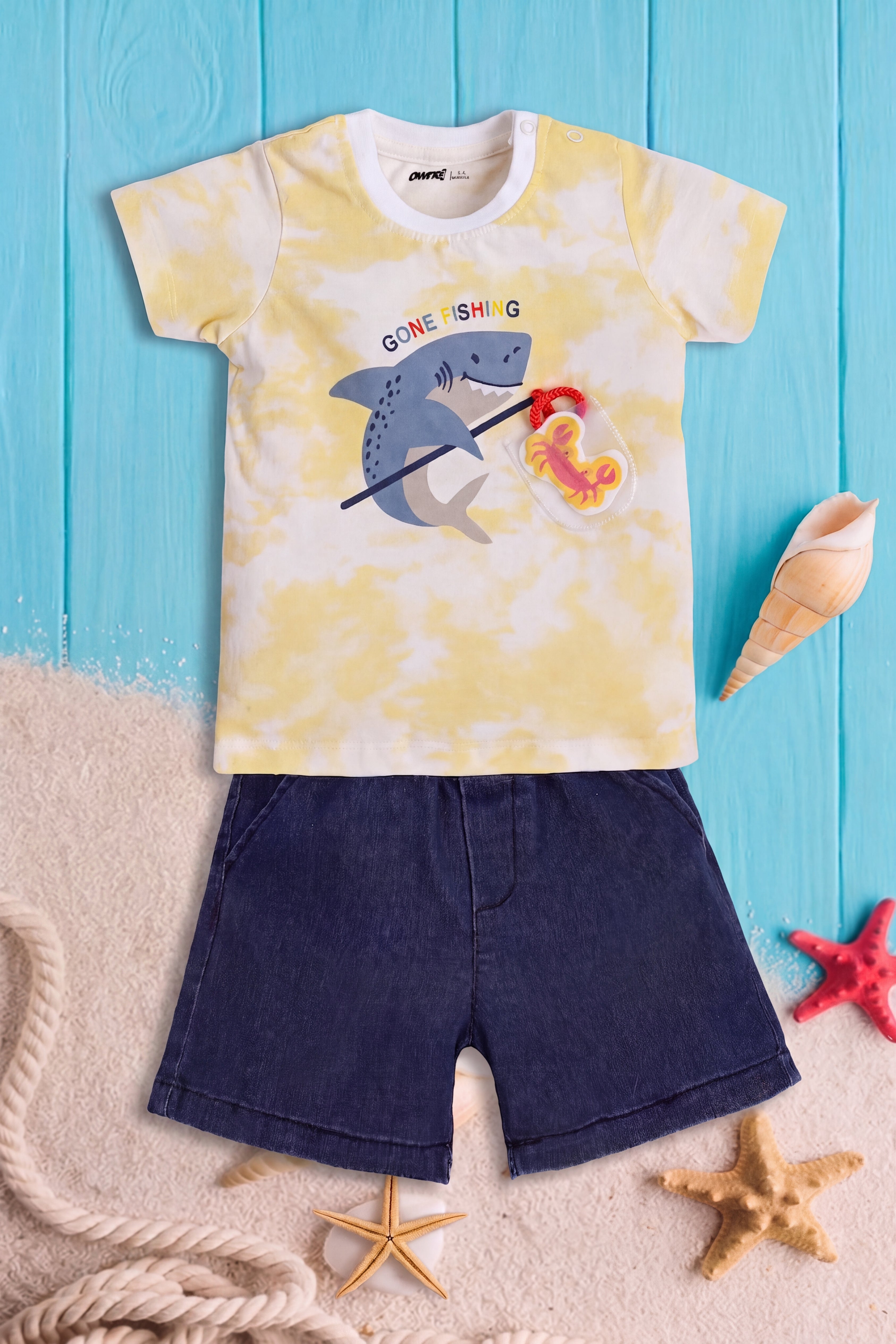 Yellow Fish Graphic Printed Regular Fit Co-ord Set for Infant Boys - Image 1