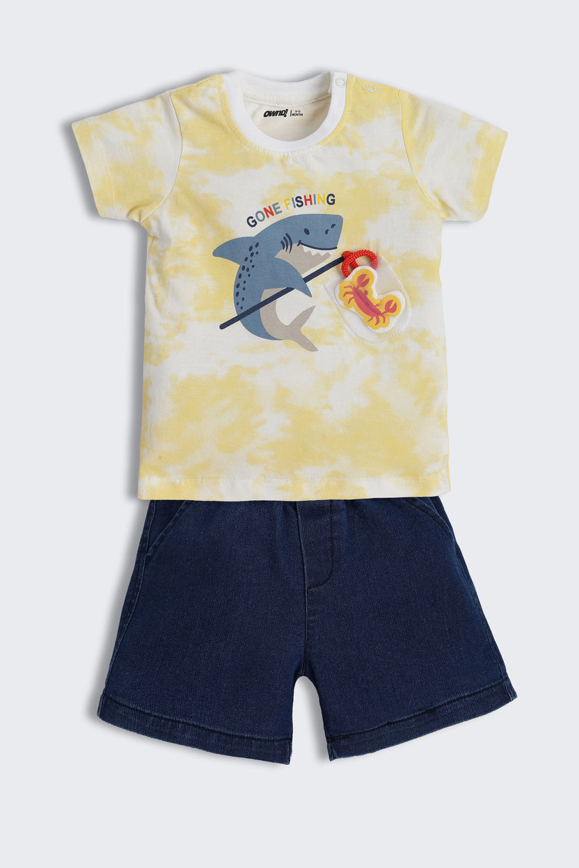 Yellow Fish Graphic Printed Regular Fit Co-ord Set for Infant Boys - Image 2