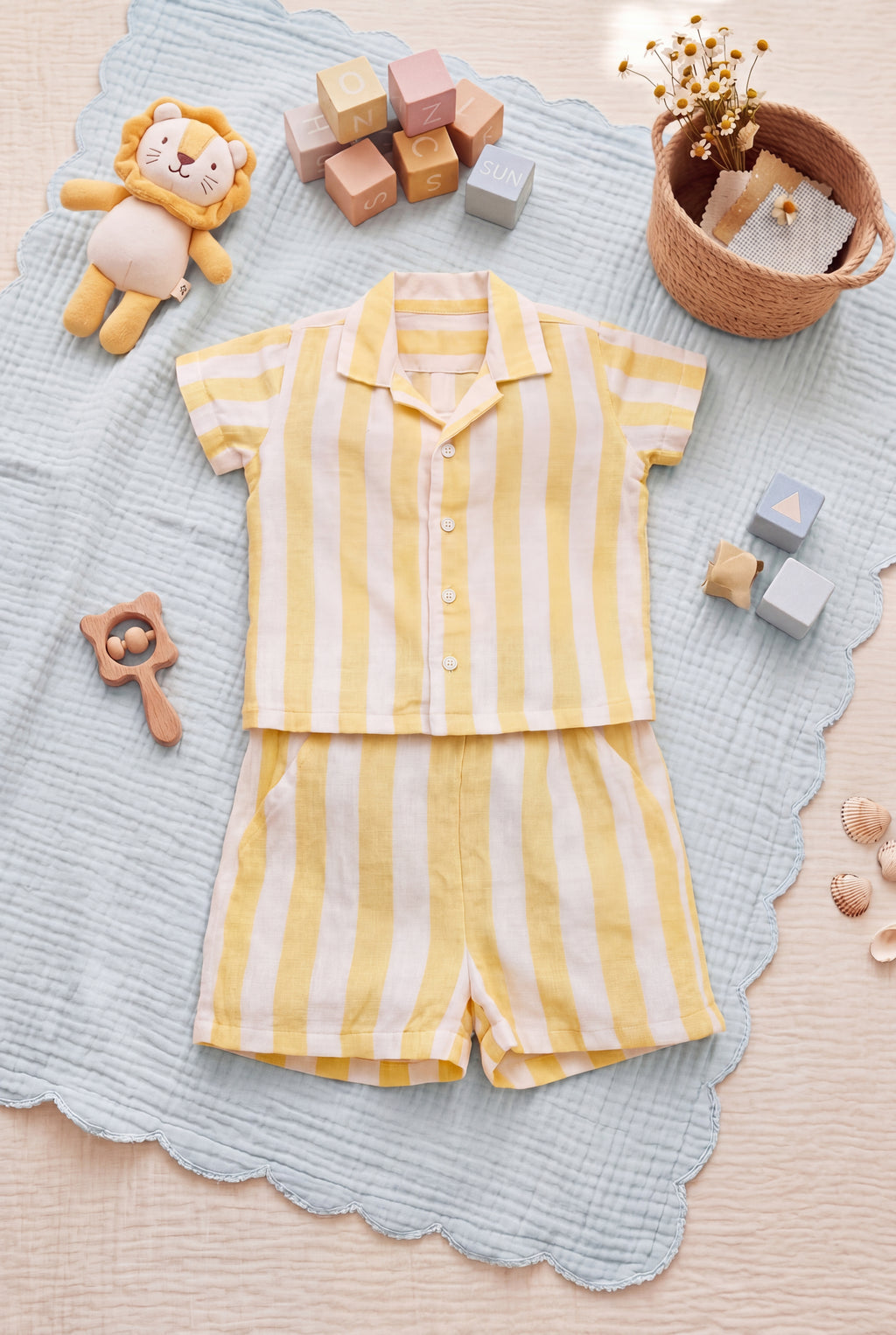 Yellow Striped Regular Fit Co-ord Set for Infant Boys - Image 1