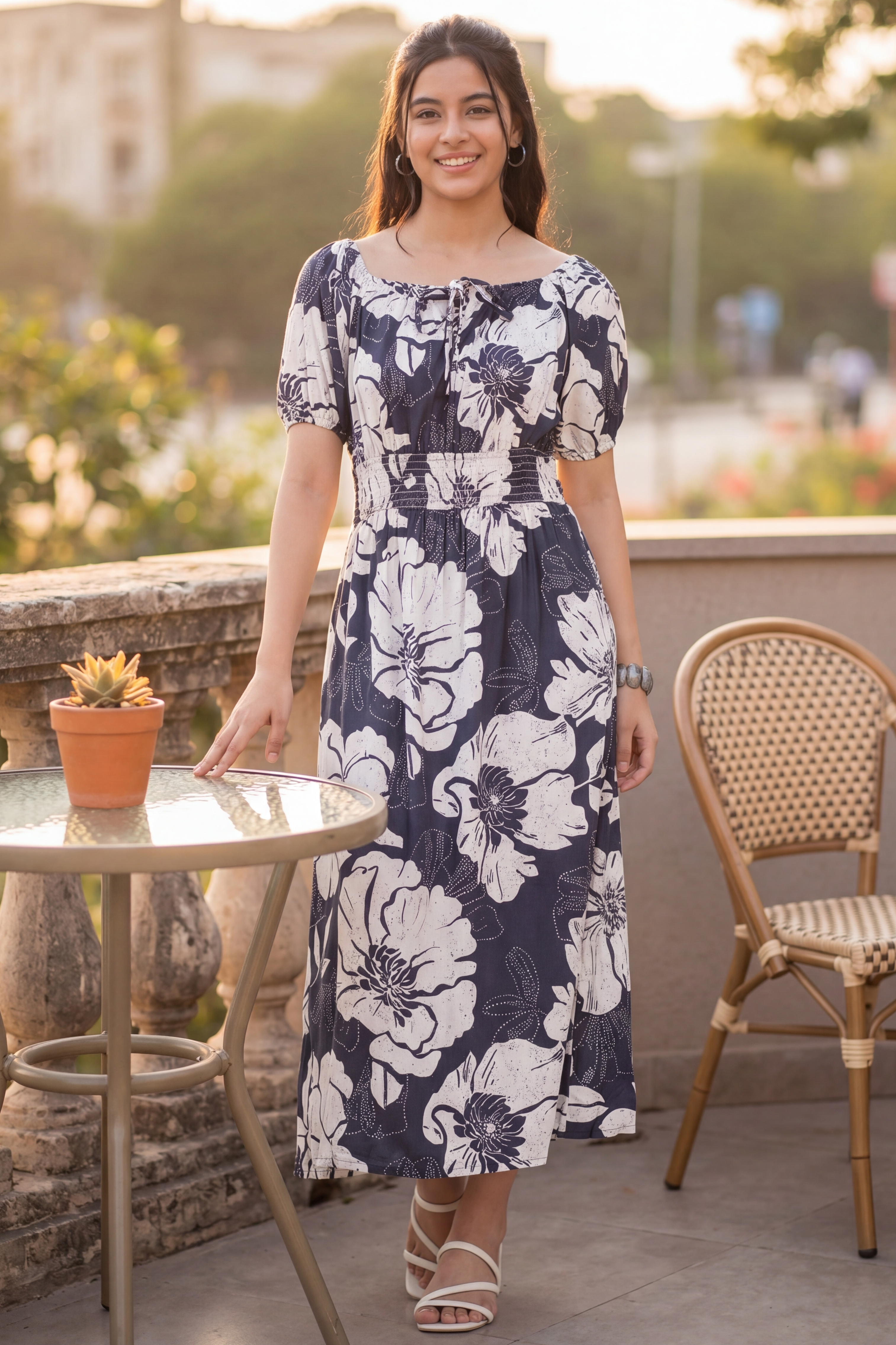 Grey Shirred Flared Fit Dress for Women - Image 1