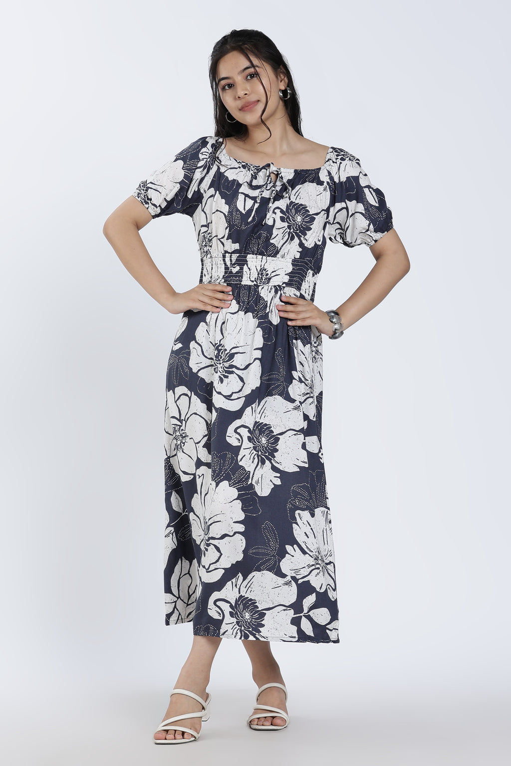 Grey Shirred Flared Fit Dress for Women - Image 6