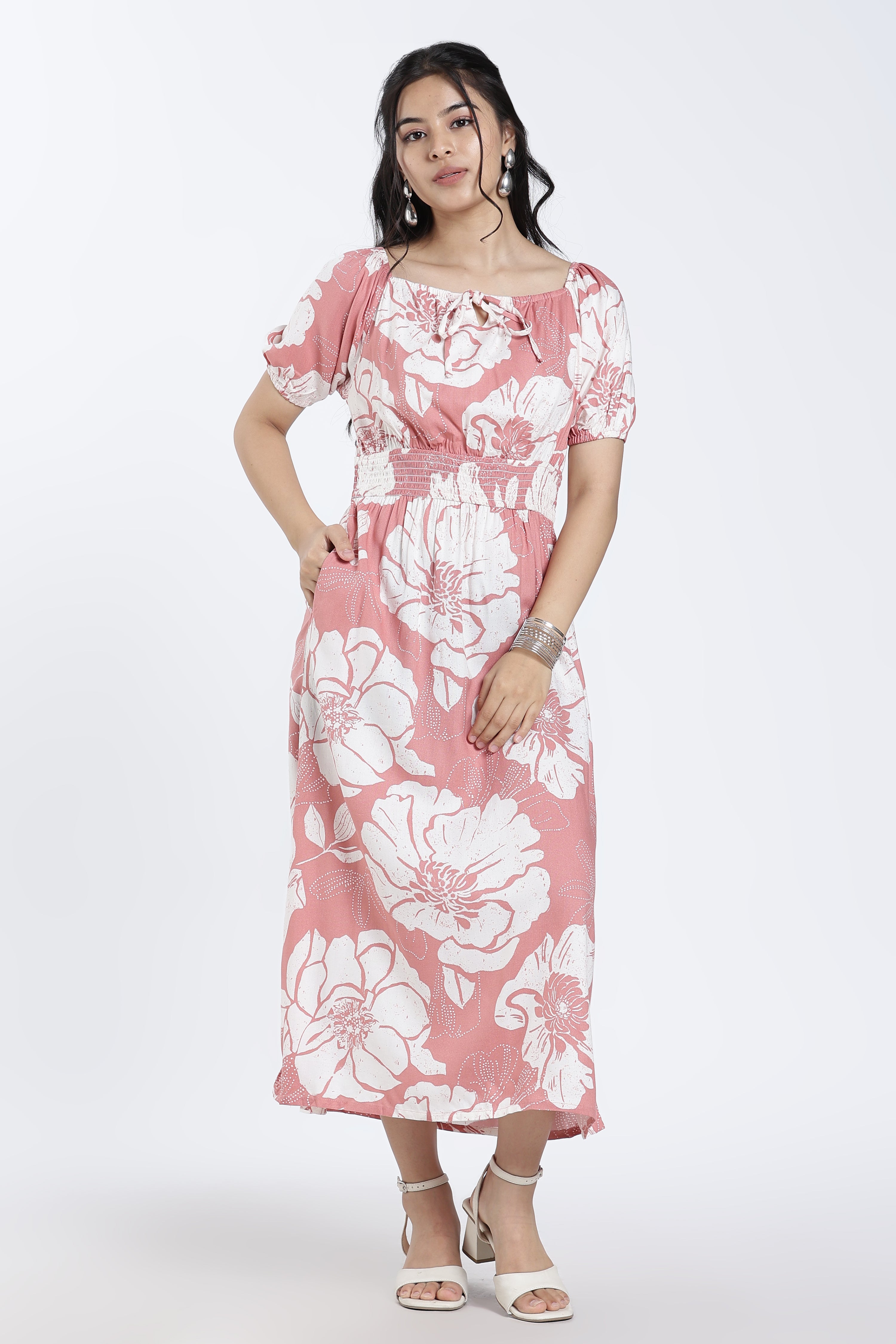 Peach Shirred Flared Fit Dress for Women - Image 1