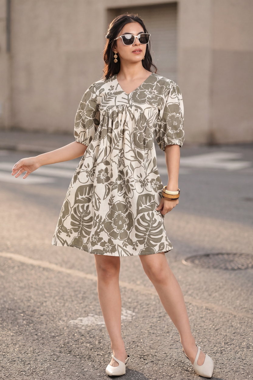Grey Gathered Regular Fit Dress For Women - Image 1