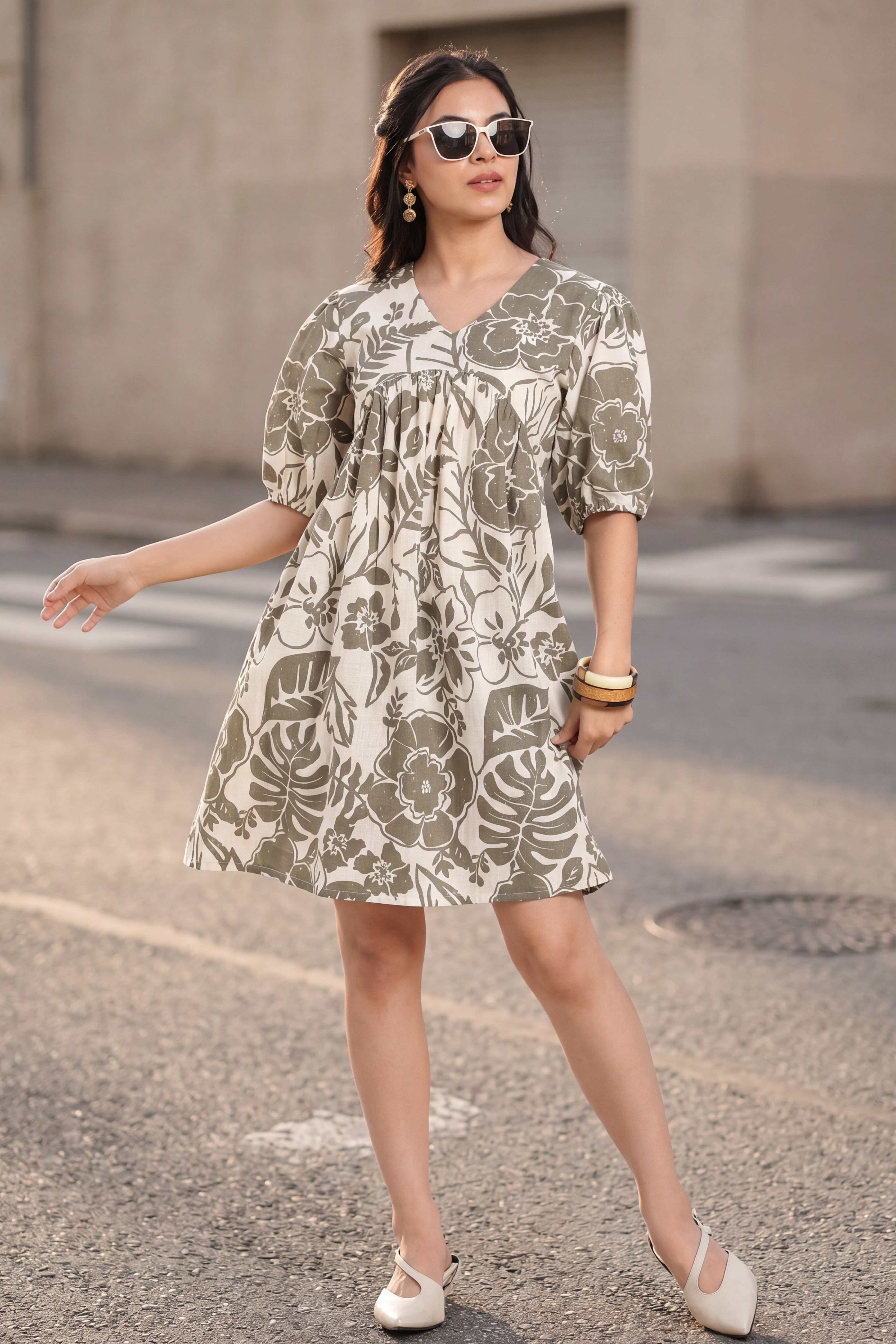 Grey Gathered Regular Fit Dress for Women - Image 1