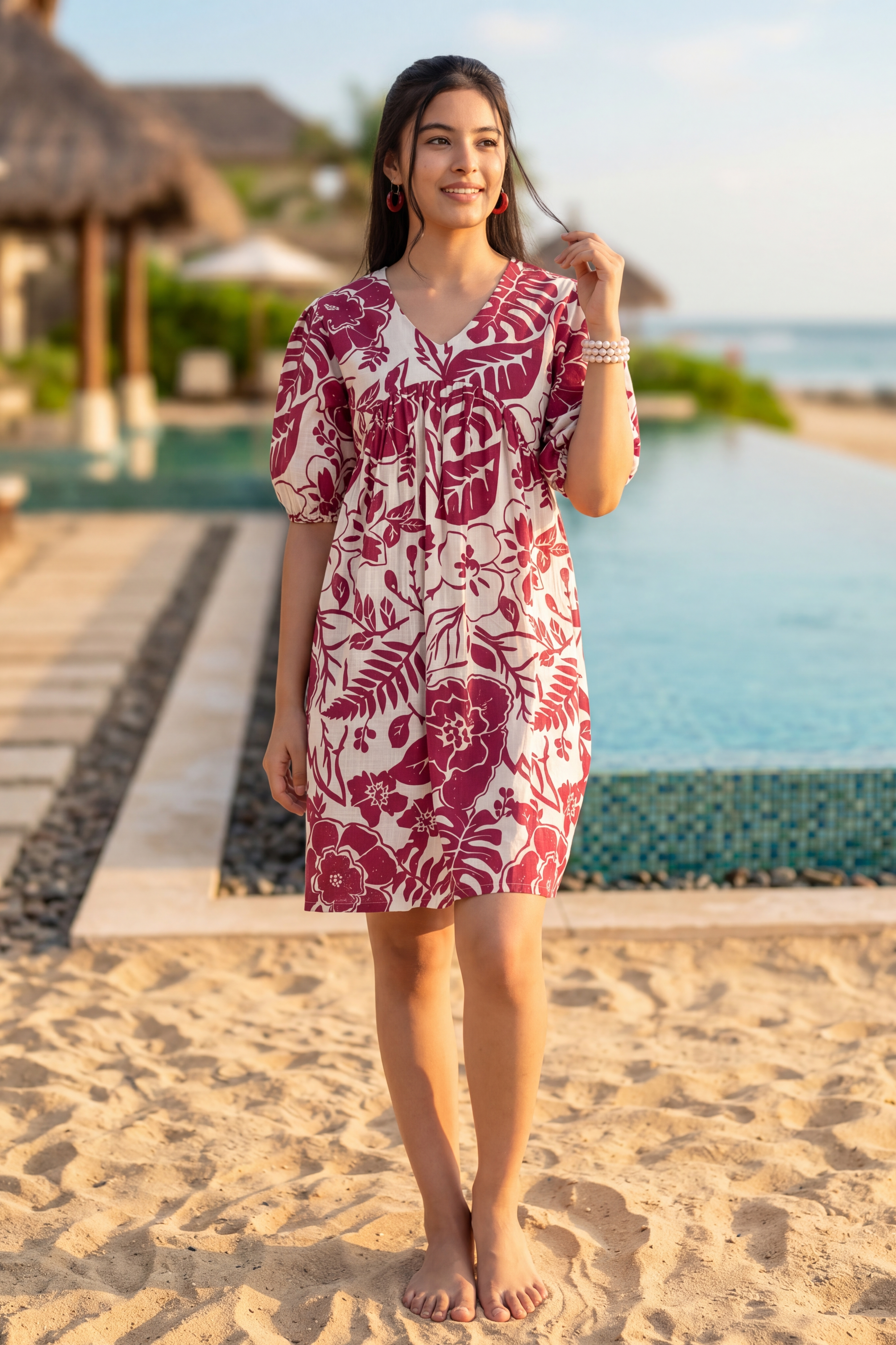 Magenta Gathered Regular Fit Dress for Women - Image 1