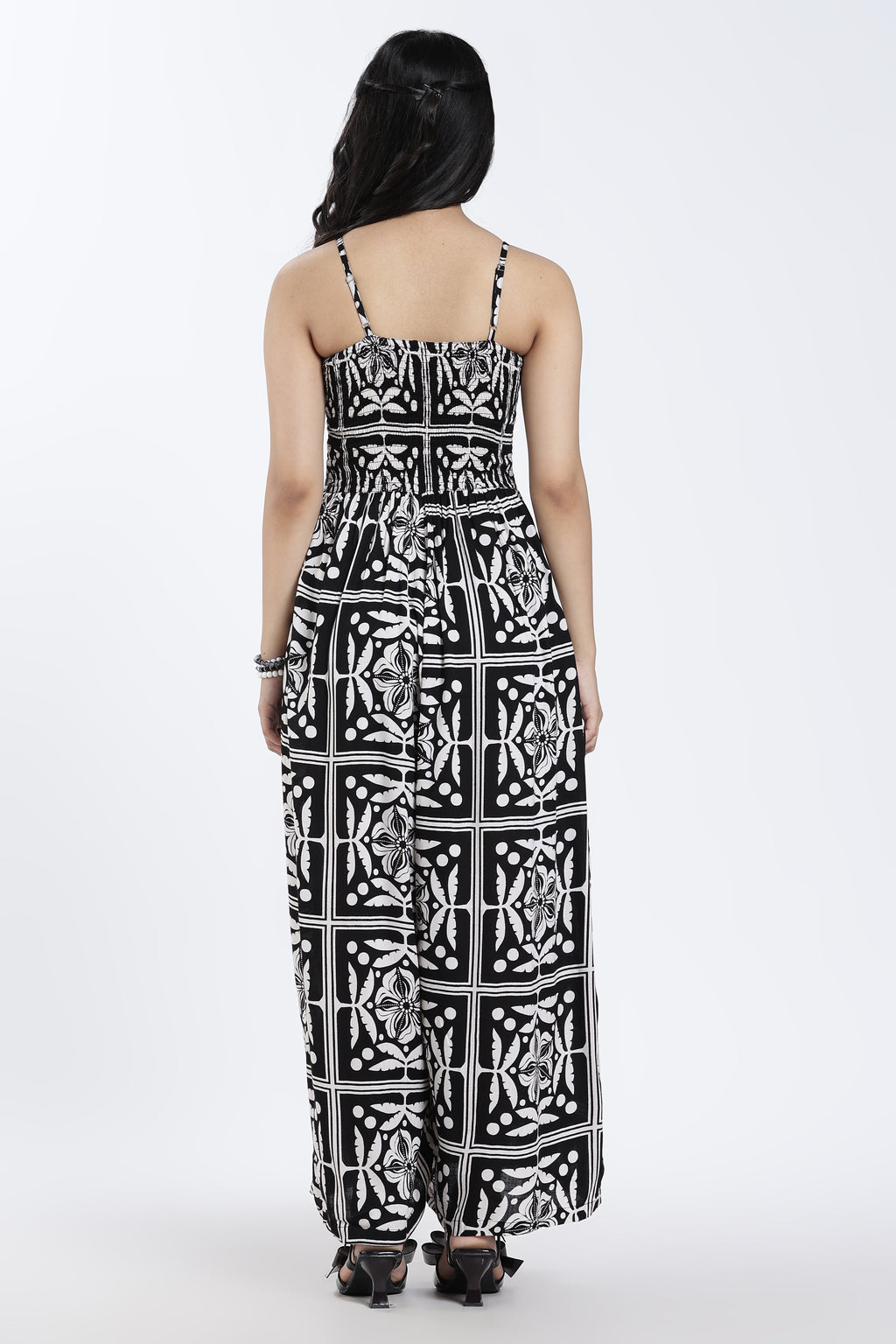 Black Shirred Regular Fit Jumpsuit for Women - Image 5