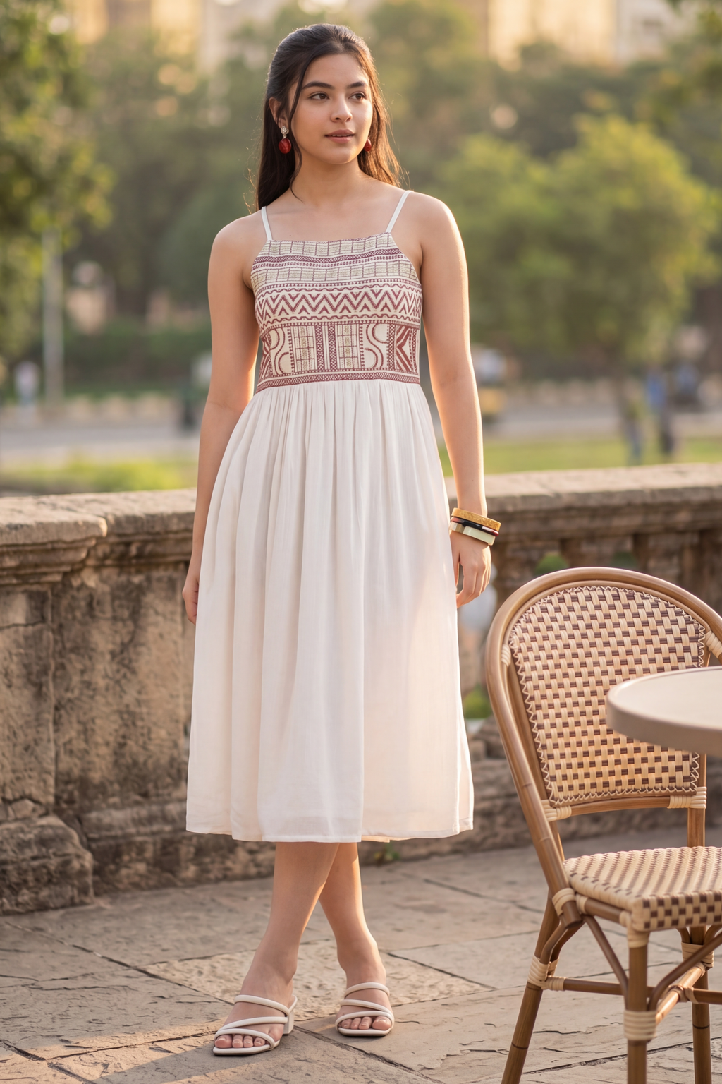 Off White Gathered Regular Fit Dress for Women - Image 1