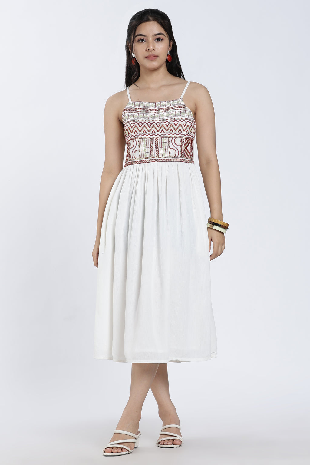 Off White Gathered Regular Fit Dress for Women - Image 2