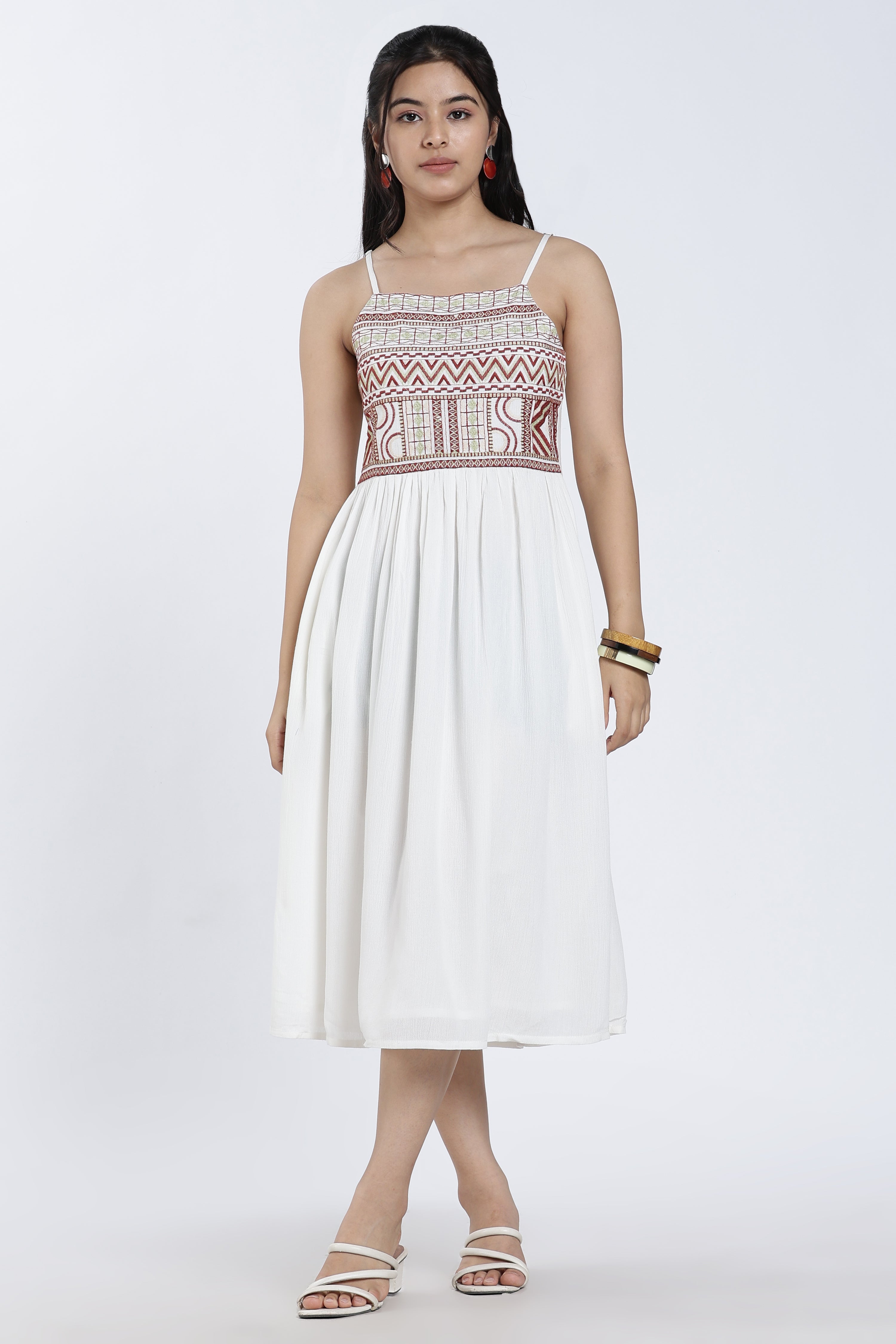 Off White Gathered Regular Fit Dress for Women - Image 2