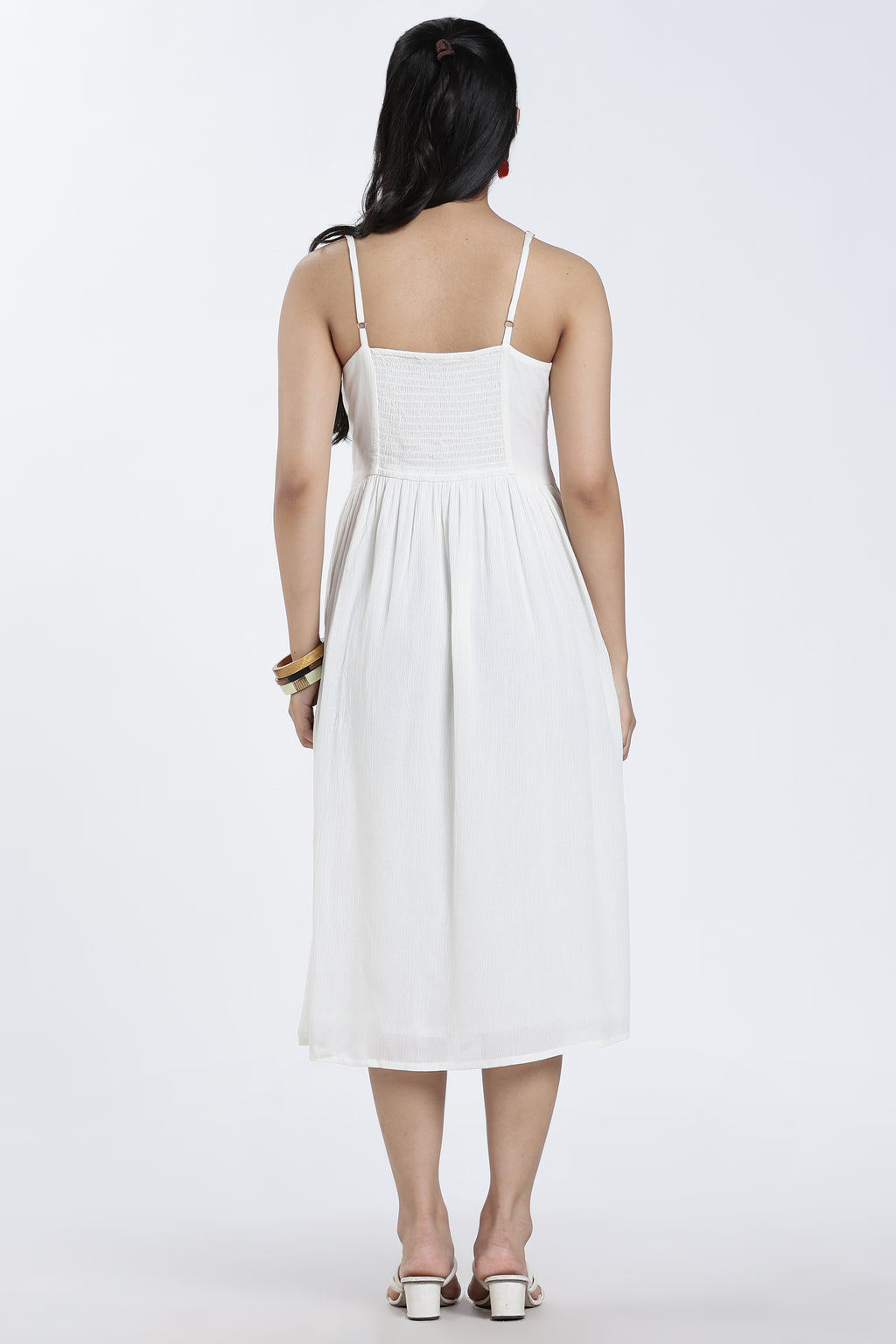 Off White Gathered Regular Fit Dress for Women - Image 5