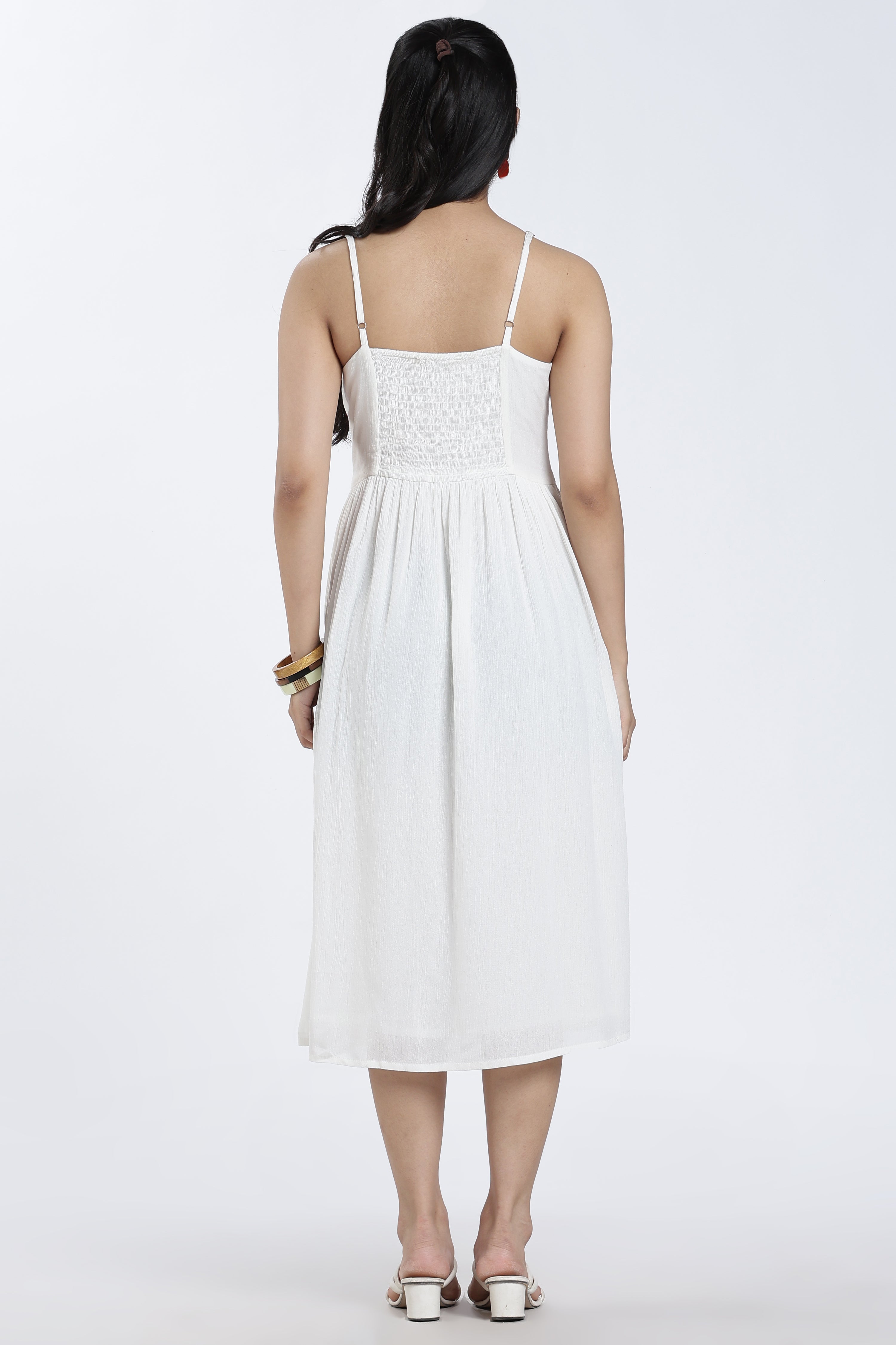 Off White Gathered Regular Fit Dress for Women - Image 5