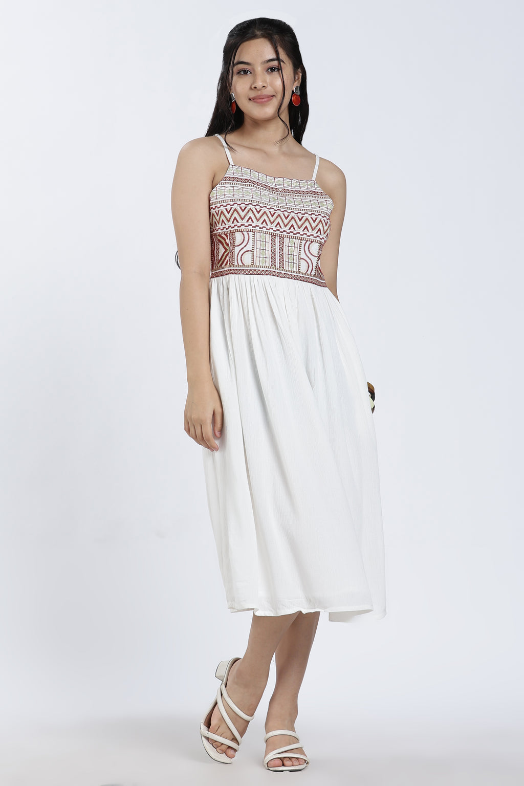 Off White Gathered Regular Fit Dress for Women - Image 6