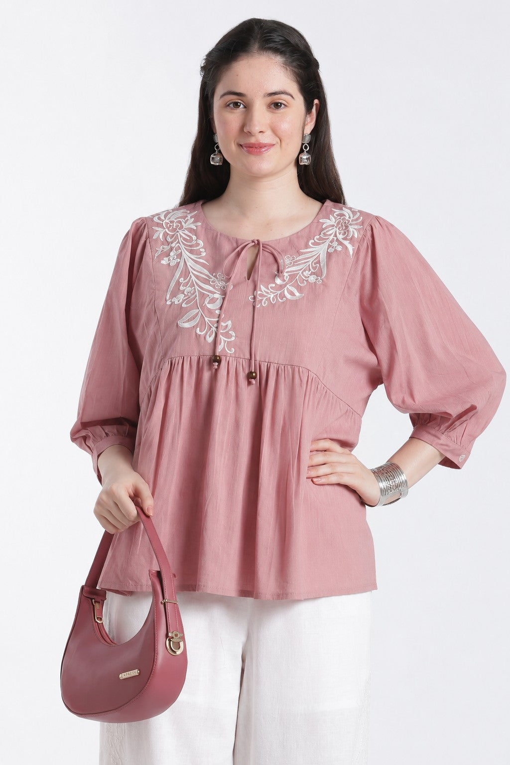 Pink Balloon Sleeves Loose Fit Tunic For Women - Image 1