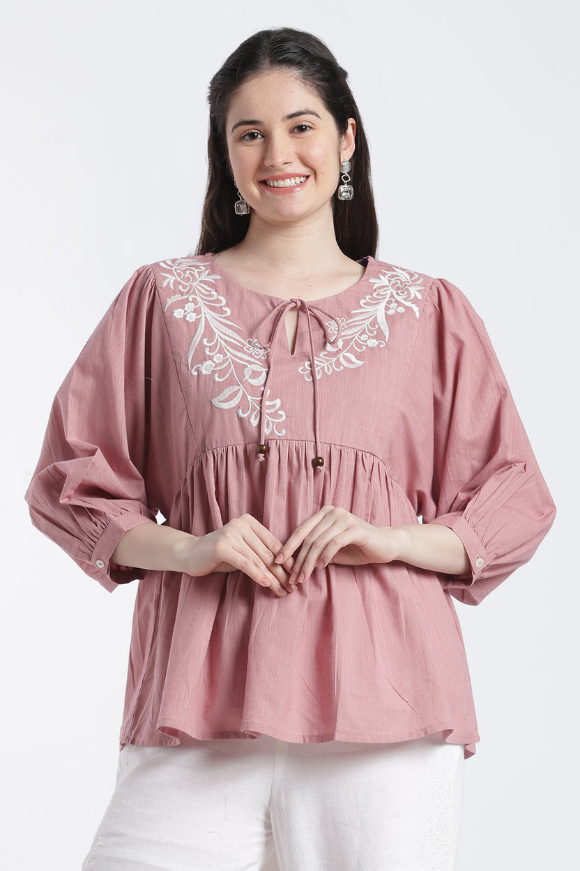 Pink Balloon Sleeves Loose Fit Tunic For Women - Image 2