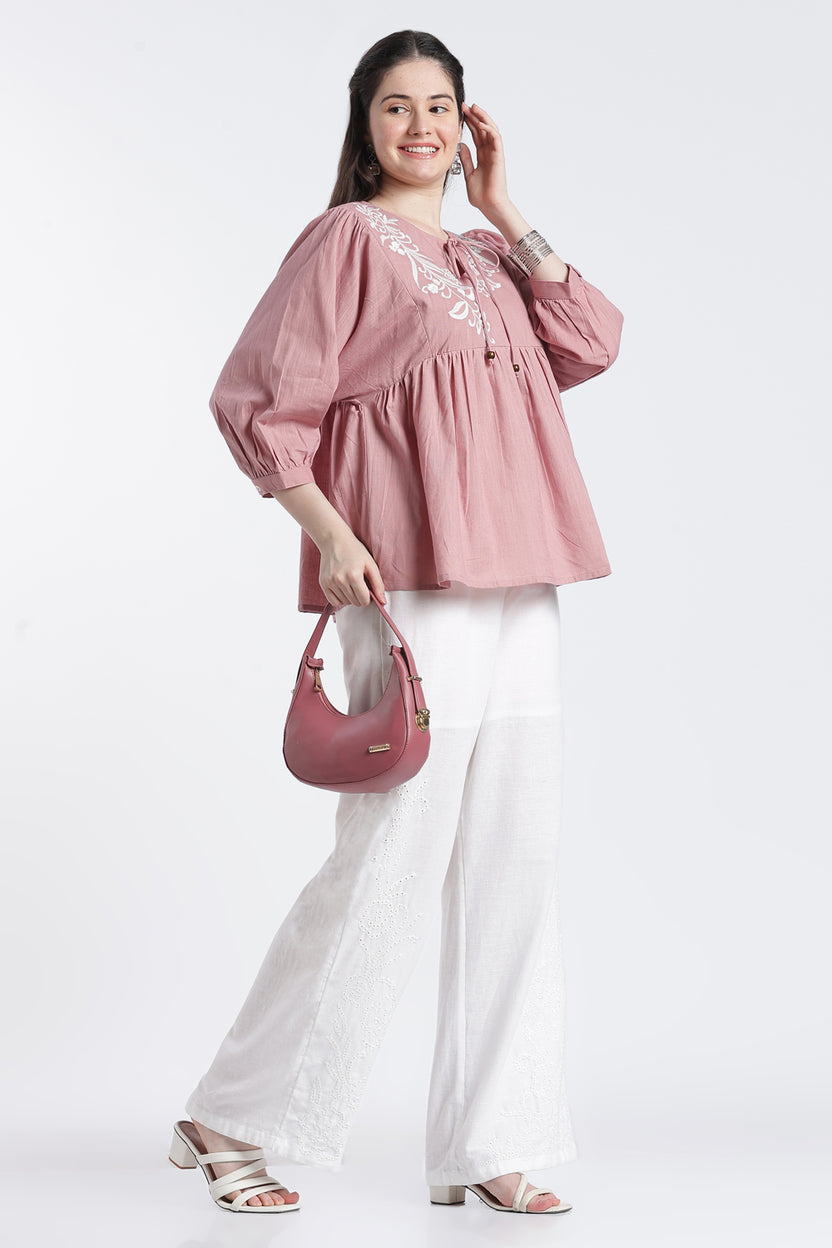 Pink Balloon Sleeves Loose Fit Tunic For Women - Image 6