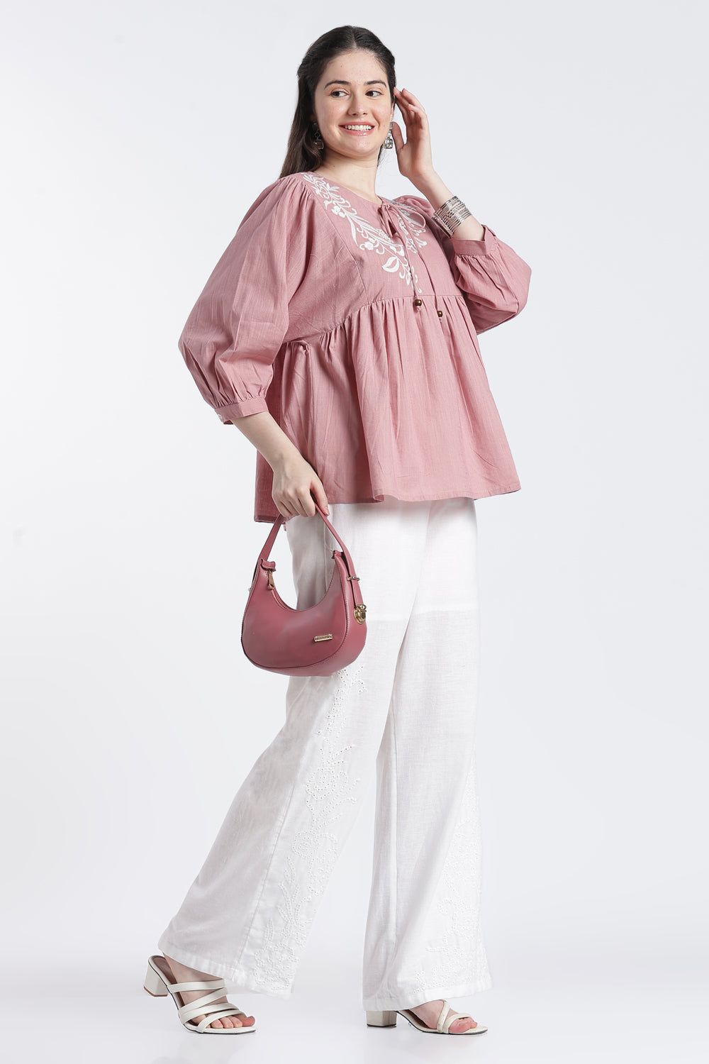 Pink Balloon Sleeves Loose Fit Tunic For Women - Image 6