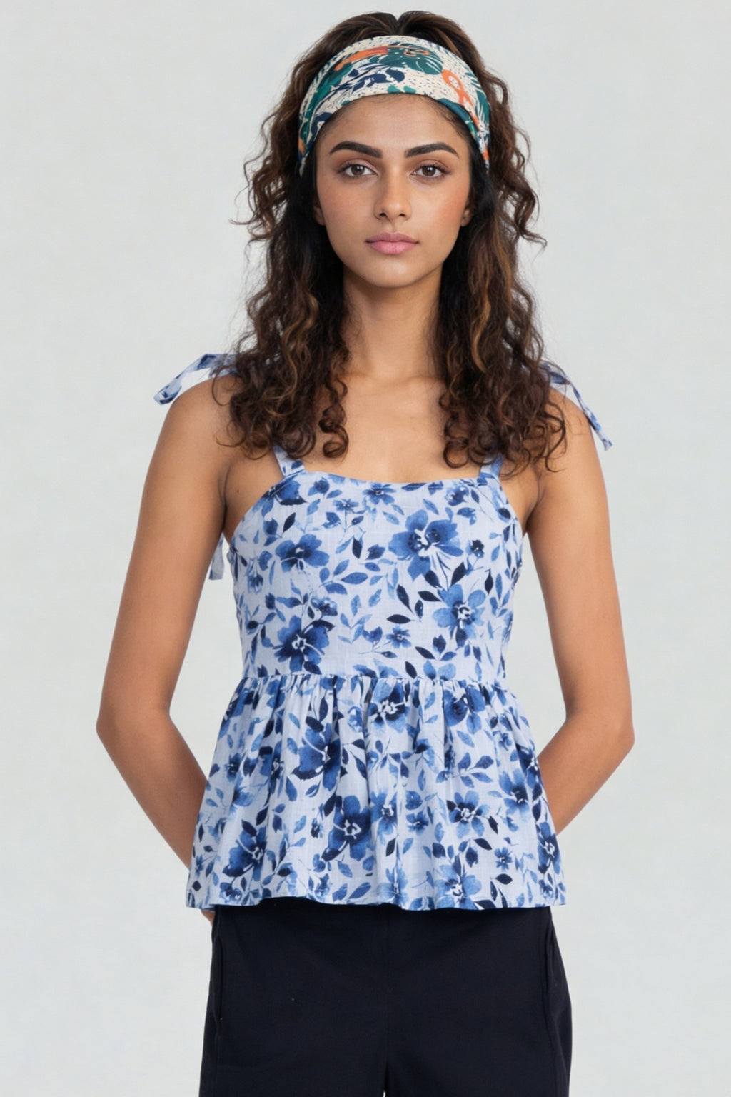 Blue Floral Printed Shoulder Strap Peplum Top for Women - Image 2