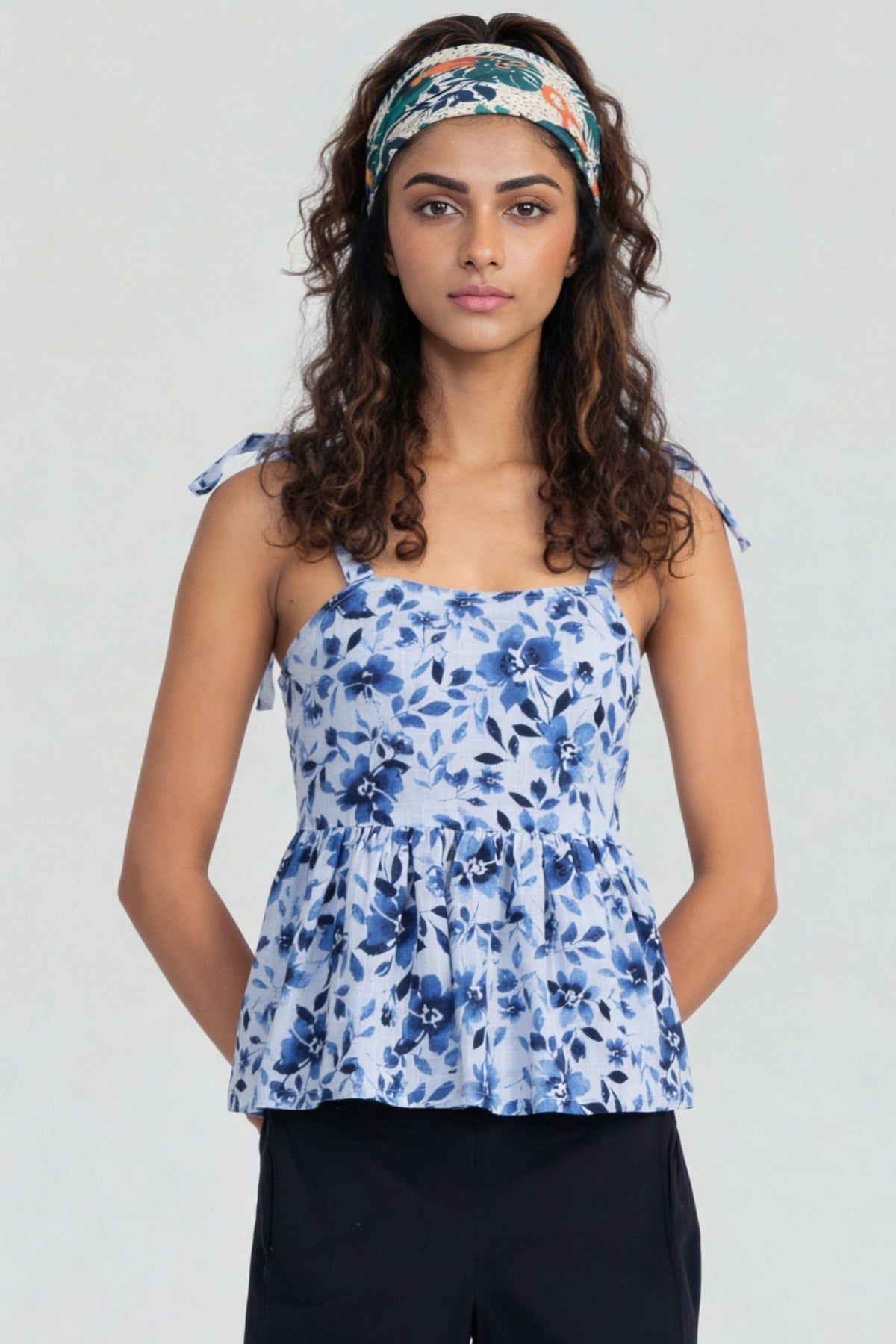 Blue Floral Printed Shoulder Strap Peplum Top for Women - Image 2